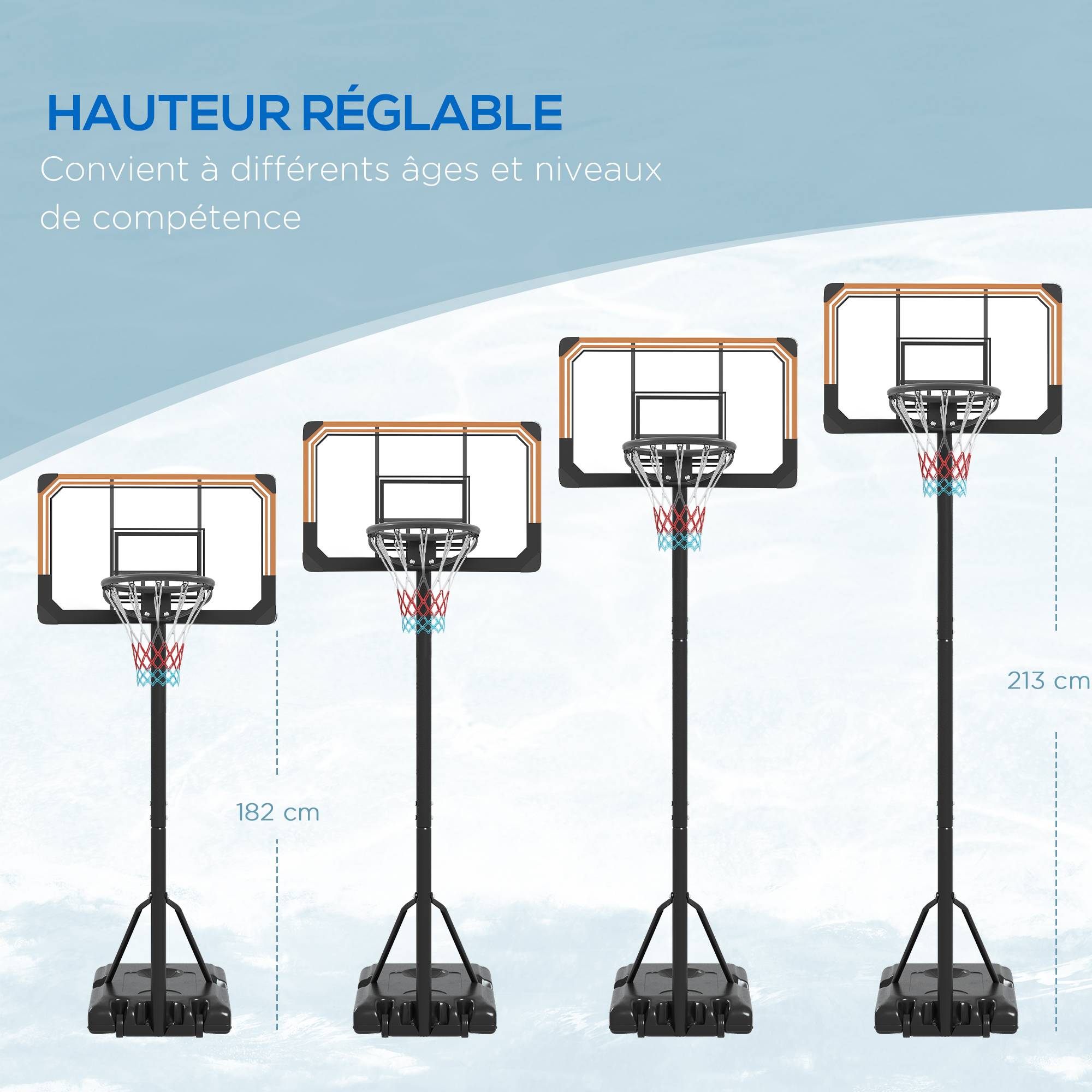 Panier de basket sur pied hauteur réglable 213 - 243 cm avec base de lestage roulettes panneau arrière robuste noir - Image 7