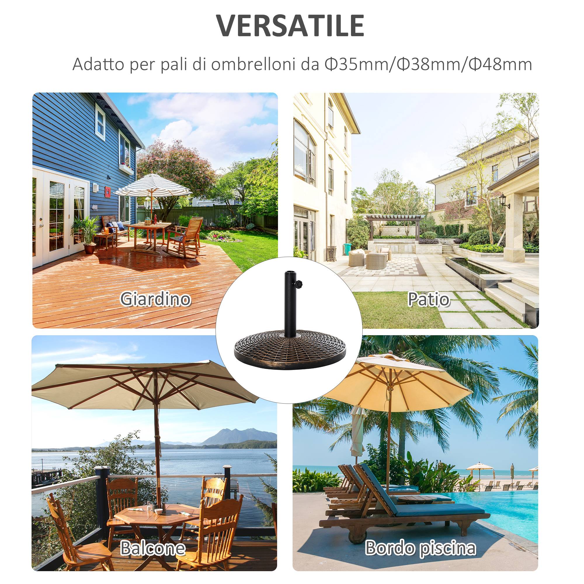 Pied de parasol rond en plastique effet rotin de 25 kg pour mâts de 35 mm, 38 mm et 48 mm - Image 8