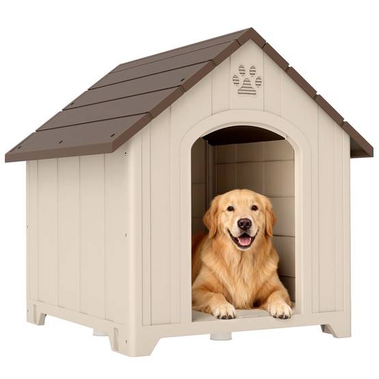 Niche surélevée pour chien avec toit incliné et aérations, PP, 88 x 78 x 89 cm, beige et marron foncé - Image 1
