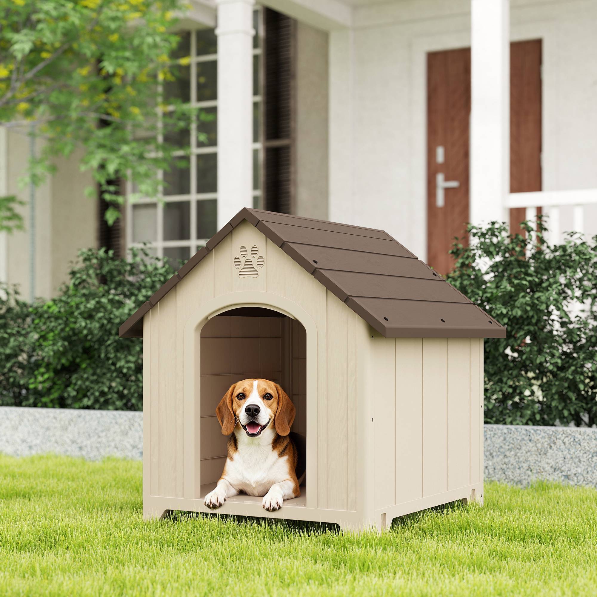 Niche surélevée pour chien avec toit incliné et aérations, PP, 88 x 78 x 89 cm, beige et marron foncé - Image 4