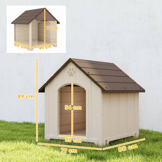 Niche surélevée pour chien avec toit incliné et aérations, PP, 88 x 78 x 89 cm, beige et marron foncé - Image 5