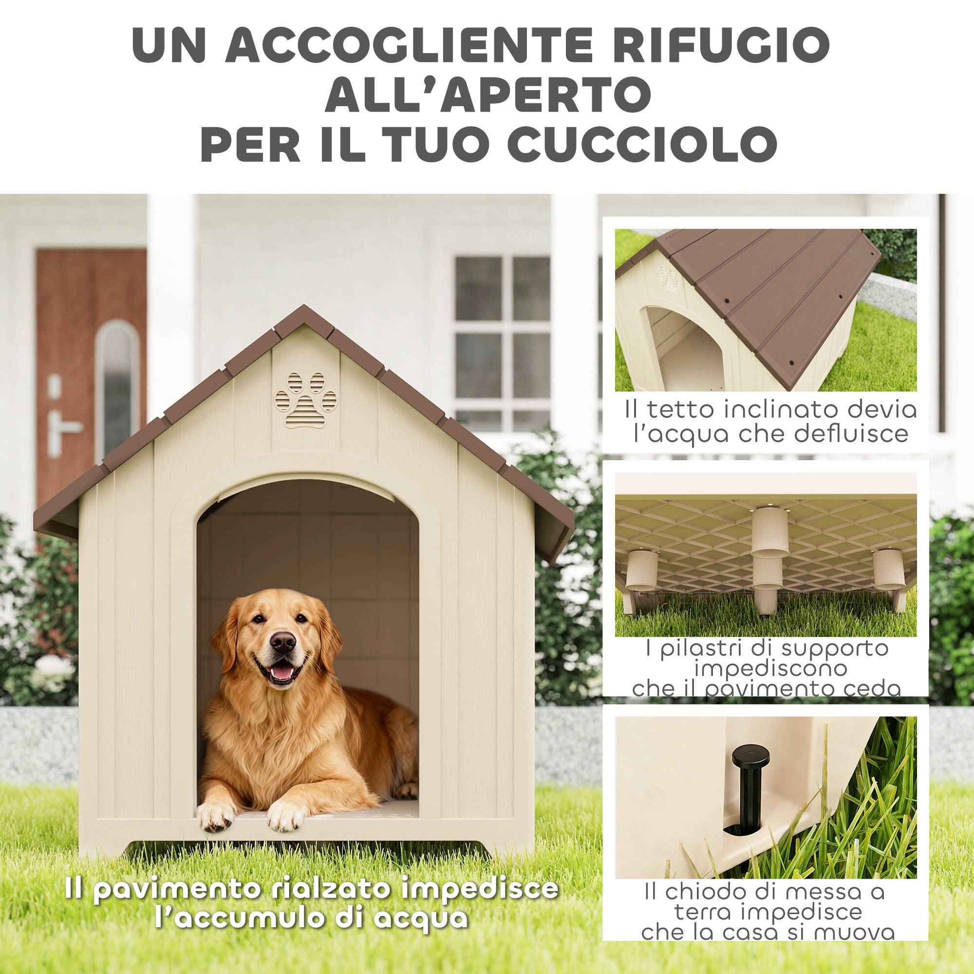 Niche surélevée pour chien avec toit incliné et aérations, PP, 88 x 78 x 89 cm, beige et marron foncé - Image 6