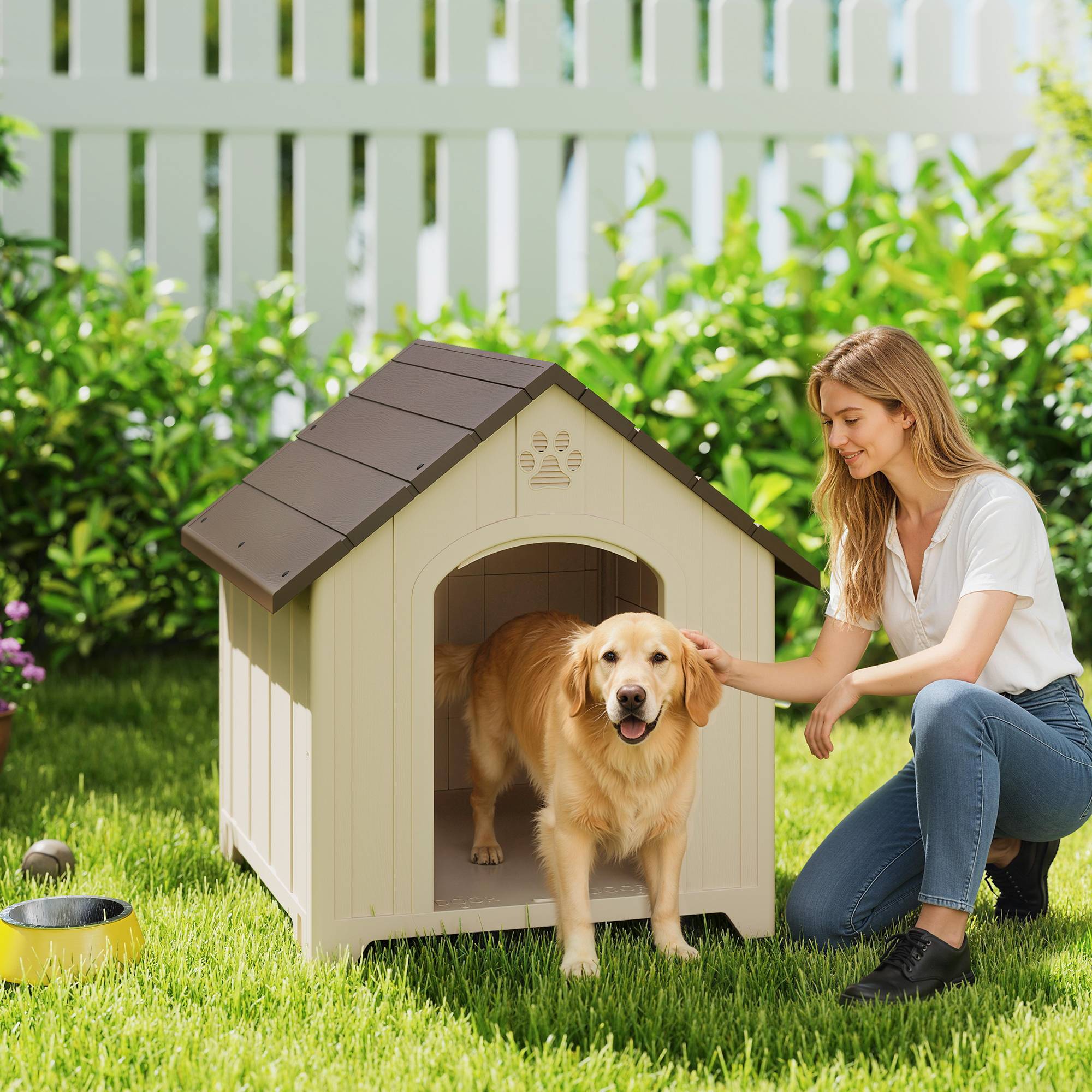 Niche surélevée pour chien avec toit incliné et aérations, PP, 88 x 78 x 89 cm, beige et marron foncé - Image 3