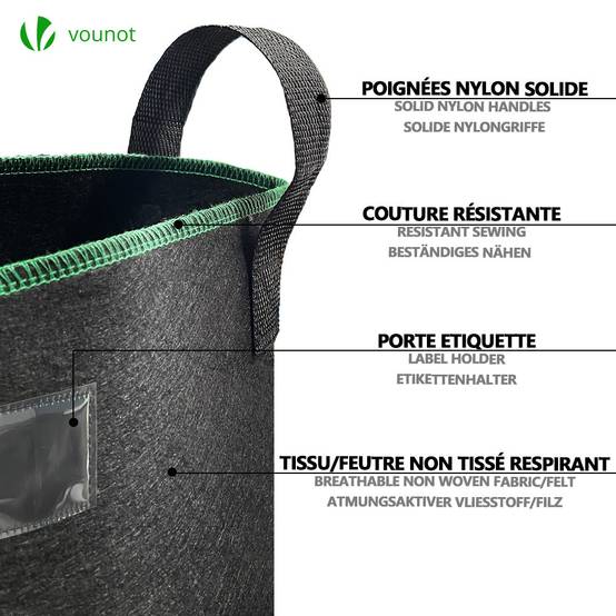Lot de 5 sacs de plantation non tisse 20L avec poignee Noir - Image 3