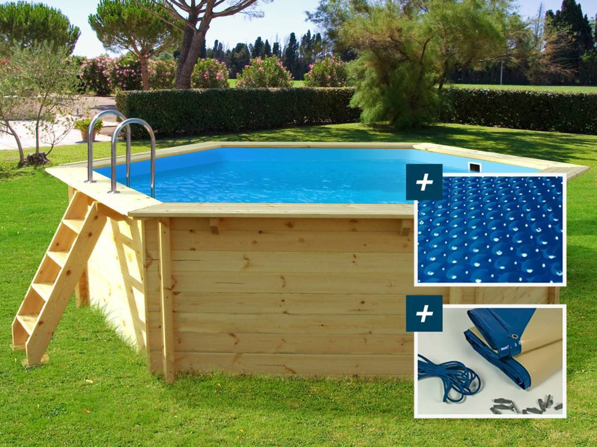 Piscine Bois "hawai" - 4.10 X 1.20 M + Bâche à Bulles 180 + Bâche Hiver 280 Gr/m² -habitat Et Jardin