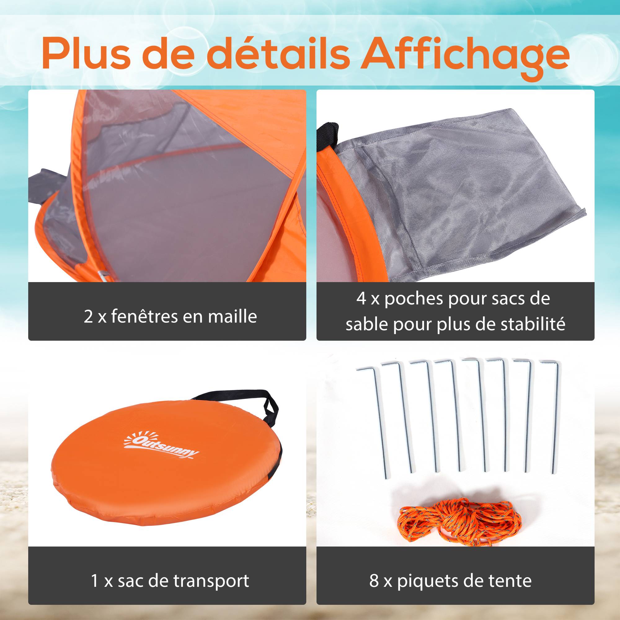 Tente de plage pop-up polyester orange 200 x 120 x 90 cm - PANGIVO - Image 8