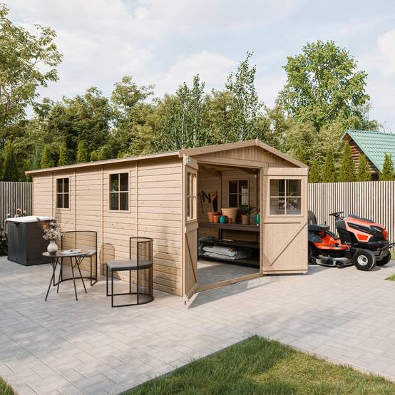 Timbela - Abri de Jardin en Bois Naturel H226x324x516 cm / 15 m² avec fenêtres - Atelier rangement outils et vélos - 17 mm d’épaisseur - Timbela M337 - Image 5