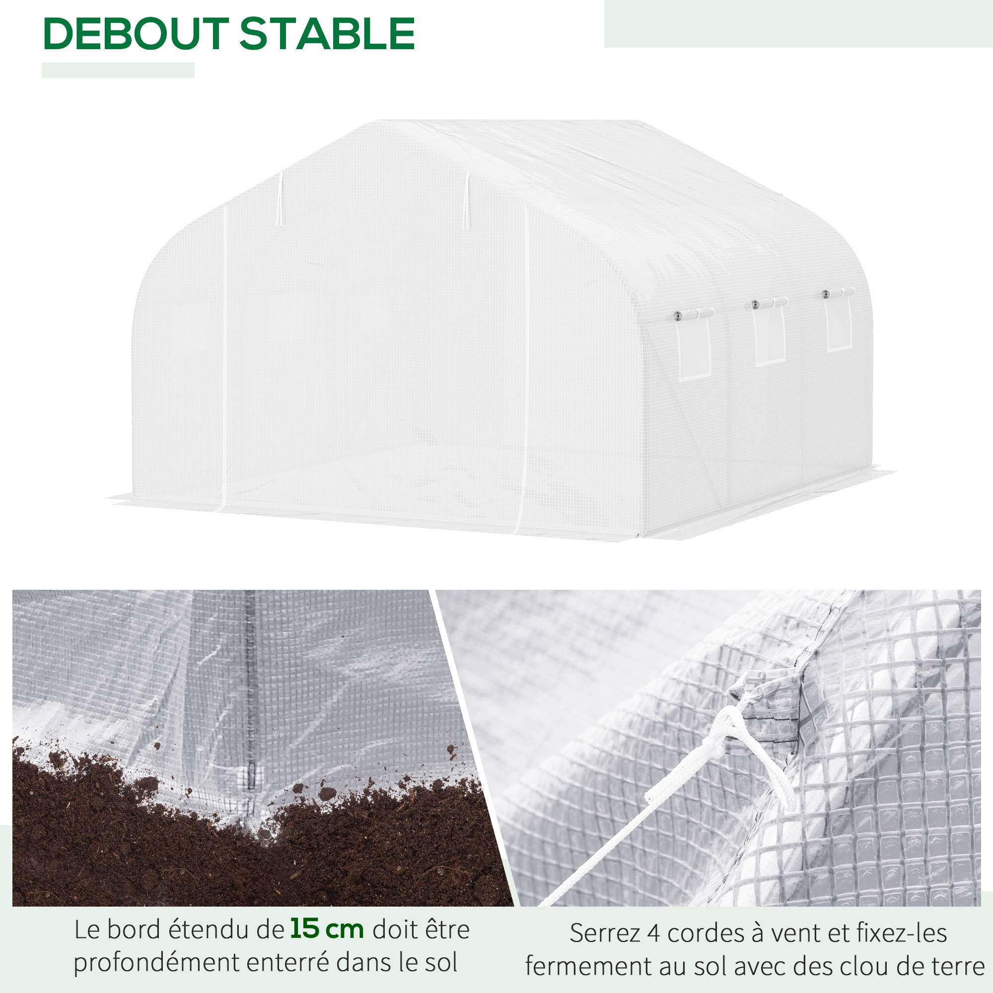 Serre Tunnel de Jardin 10,5 m² dim. 3,5L x 3l x 2H m Porte + 6 fenêtres enroulables Acier galvanisé bâche PE Haute densité Blanc - Image 7
