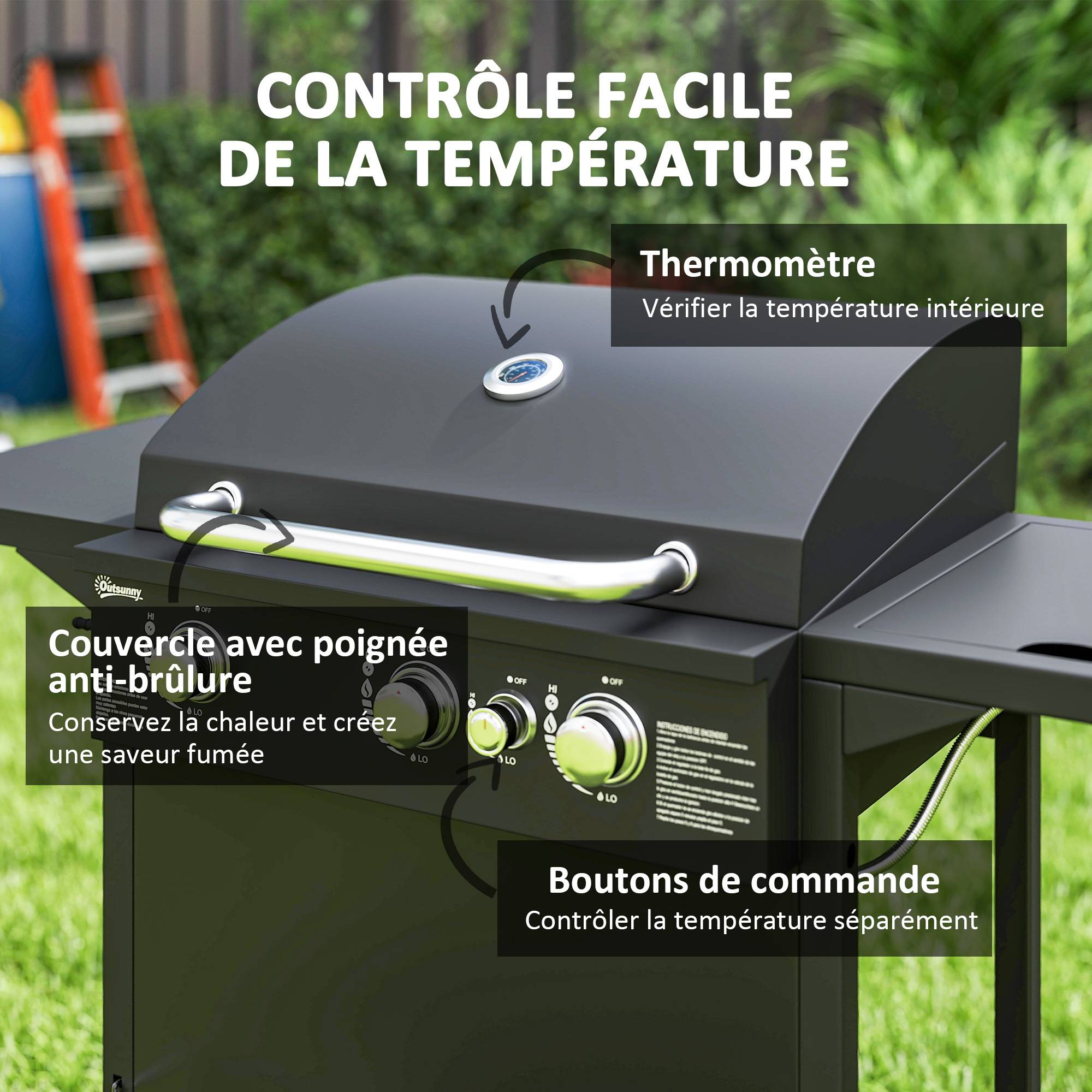 Barbecue gaz 3+1 brûleurs en acier, puissance 9,5 kW, barbecue de jardin 2 grilles étagères latérales, 2 roues, noir - Image 7