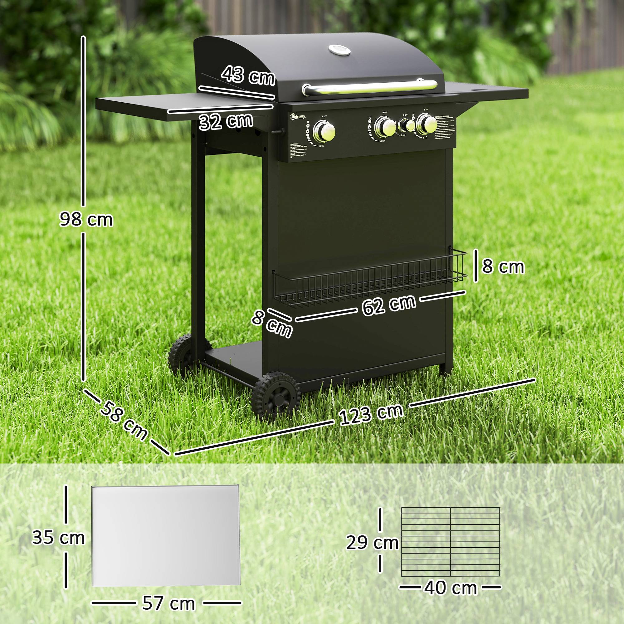 Barbecue gaz 3+1 brûleurs en acier, puissance 9,5 kW, barbecue de jardin 2 grilles étagères latérales, 2 roues, noir - Image 5