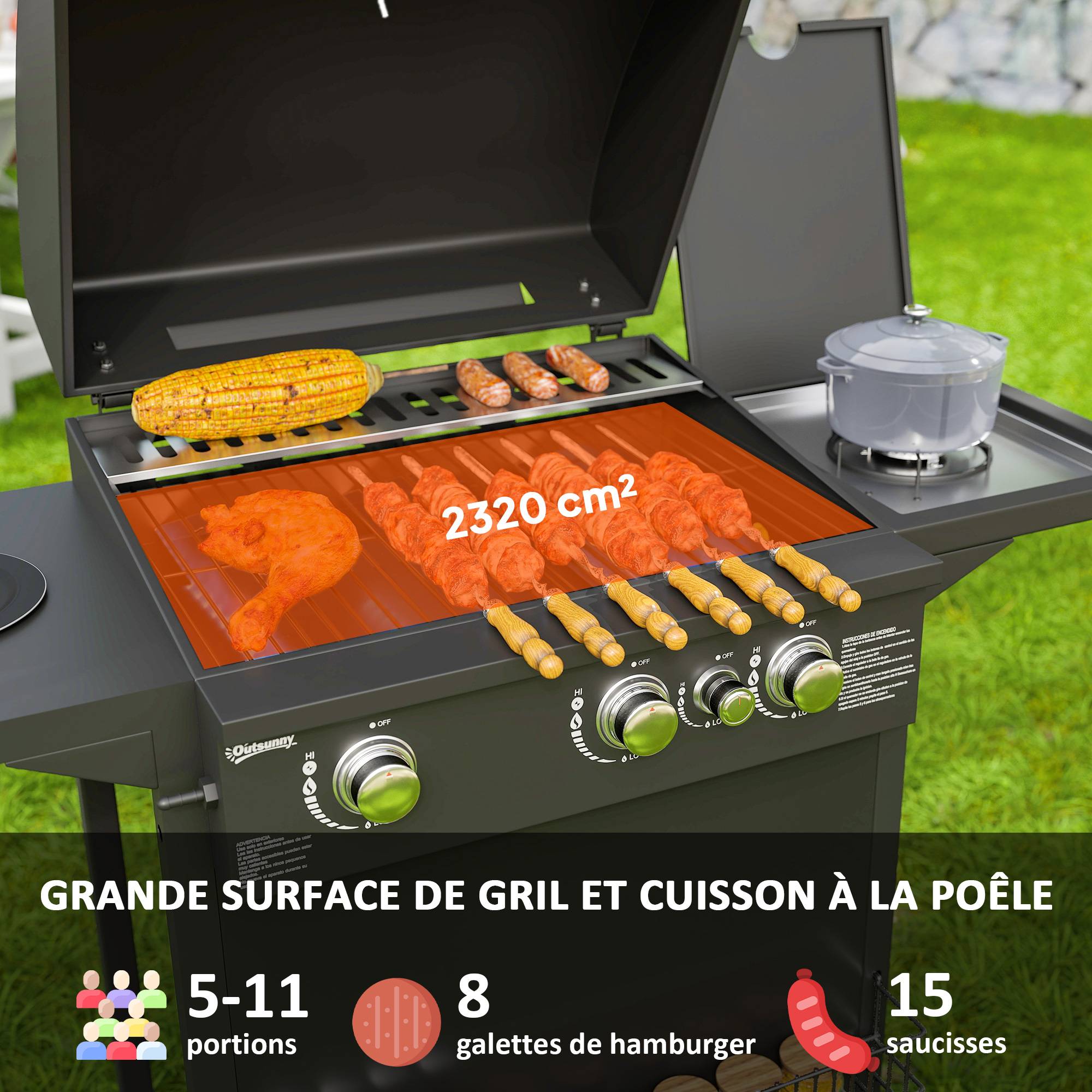 Barbecue gaz 3+1 brûleurs en acier, puissance 9,5 kW, barbecue de jardin 2 grilles étagères latérales, 2 roues, noir - Image 6