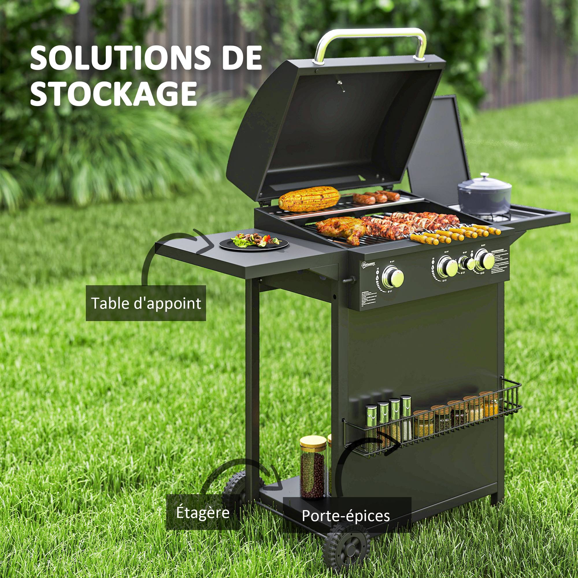 Barbecue gaz 3+1 brûleurs en acier, puissance 9,5 kW, barbecue de jardin 2 grilles étagères latérales, 2 roues, noir - Image 8