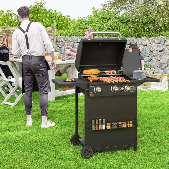 Barbecue gaz 3+1 brûleurs en acier, puissance 9,5 kW, barbecue de jardin 2 grilles étagères latérales, 2 roues, noir - Image 4