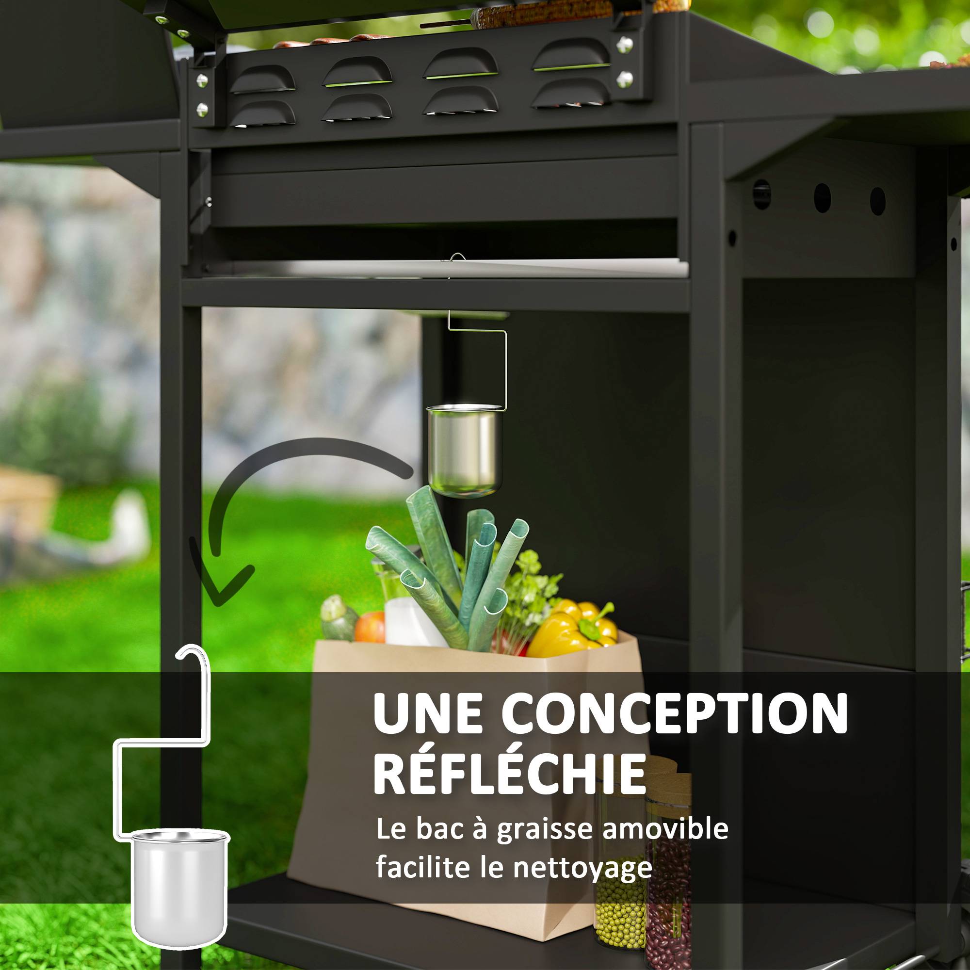 Barbecue gaz 3+1 brûleurs en acier, puissance 9,5 kW, barbecue de jardin 2 grilles étagères latérales, 2 roues, noir - Image 9