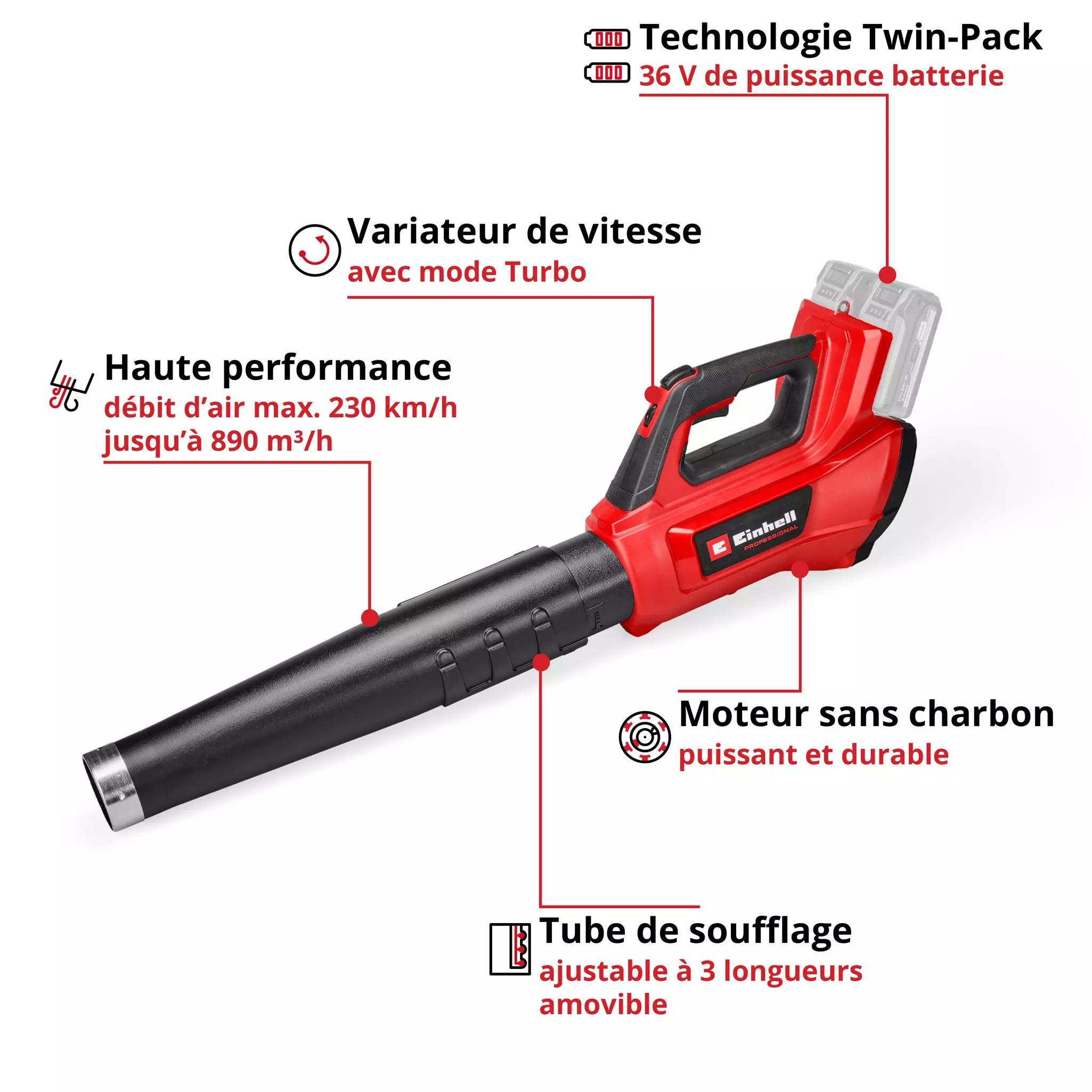 Einhell - Souffleur de feuilles sans fil – GP-LB 36/230 Li E BL-Solo – 36 V – 230 km/h – Débit 890 m³/h – Tube ajustable Einhell - Image 3