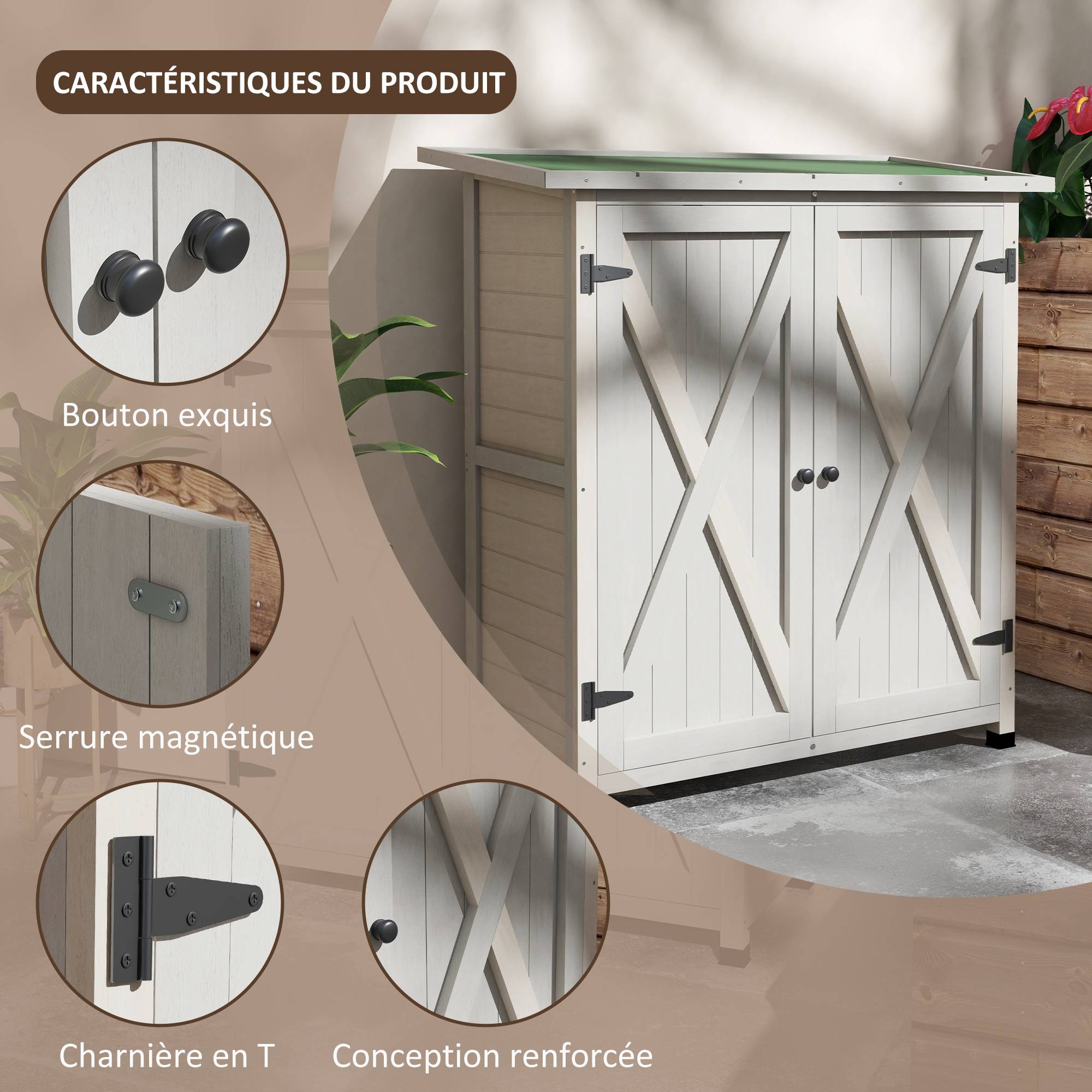 Armoire de jardin bois extérieur 2 portes étagères toit incliné 110x117cm - ComfortXL Outdoor Living - Image 7