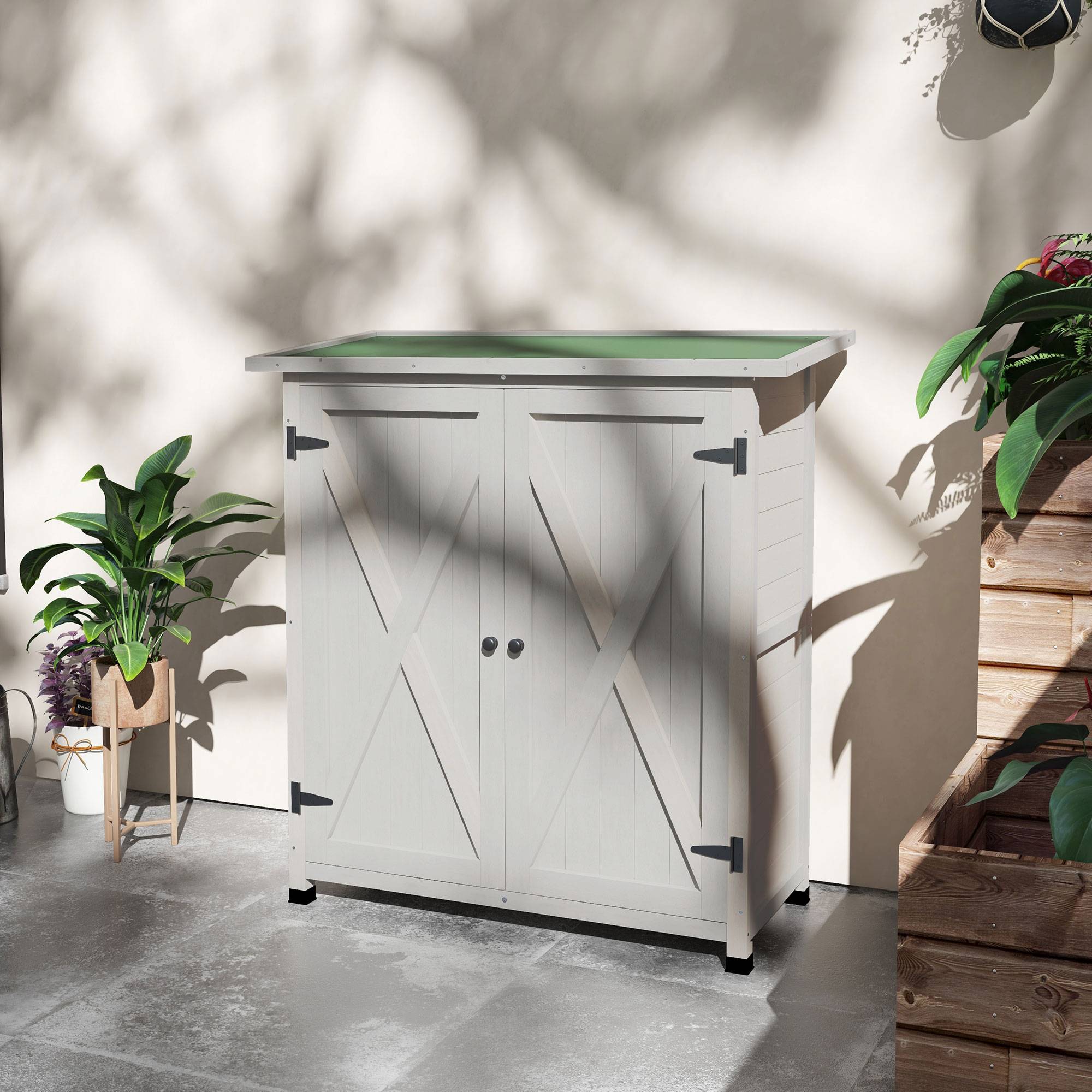 Armoire de jardin bois extérieur 2 portes étagères toit incliné 110x117cm - ComfortXL Outdoor Living - Image 4