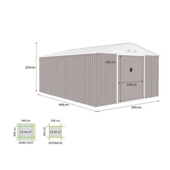 Sans Marque - Abri de jardin en métal 15,16 m² - 340 x 446 x 210 - SATURNE - Kit d'ancrage inclus, 2 portes coulissantes - Taupe - Image 4
