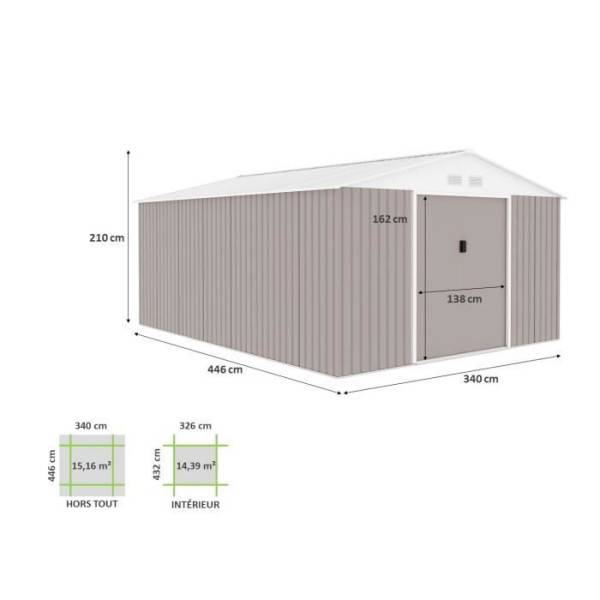 Sans Marque - Abri de jardin en métal 15,16 m² - 340 x 446 x 210 - SATURNE - Kit d'ancrage inclus, 2 portes coulissantes - Taupe - Image 4