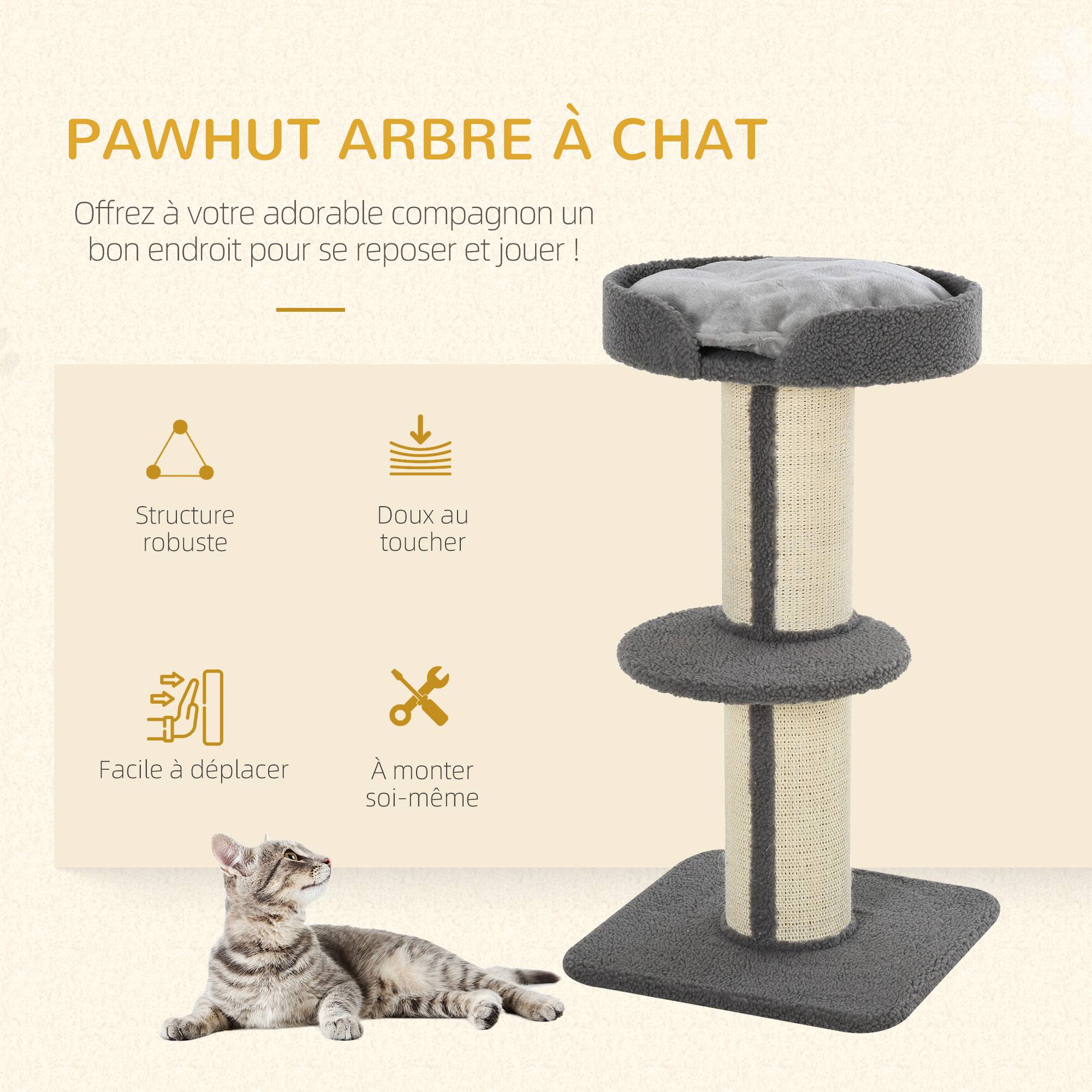 Arbre à chat tissu bouclette et sisal gris 45 x 45 x 91 cm - PANGIVO - Image 6