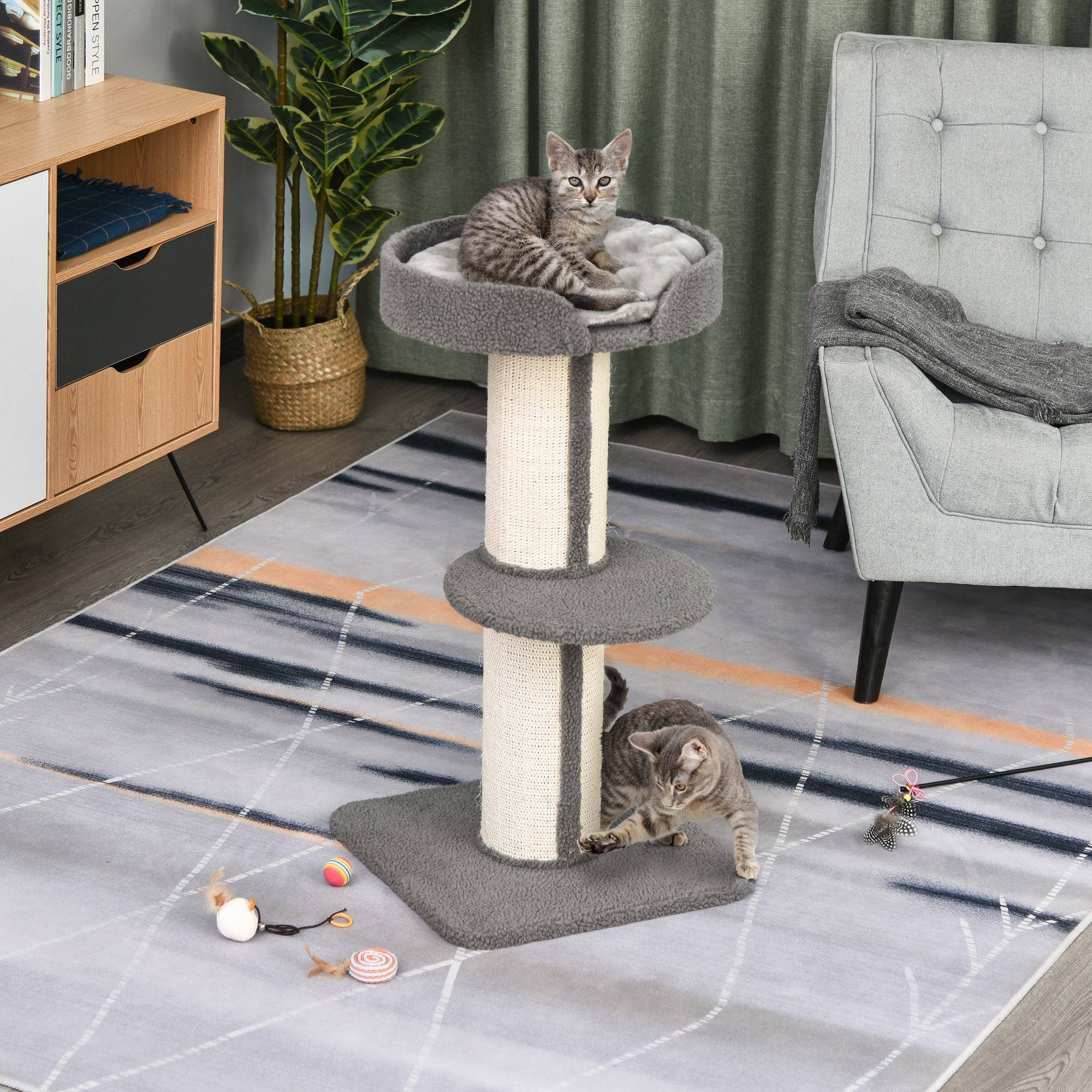 Arbre à chat tissu bouclette et sisal gris 45 x 45 x 91 cm - PANGIVO - Image 4