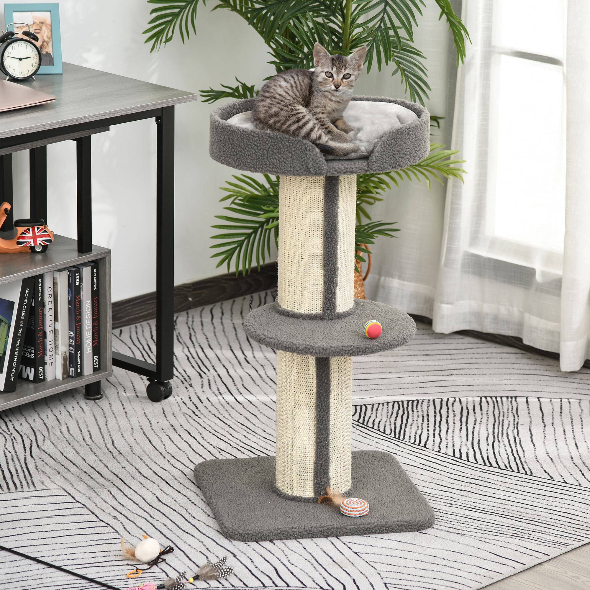 Arbre à chat tissu bouclette et sisal gris 45 x 45 x 91 cm - PANGIVO - Image 3