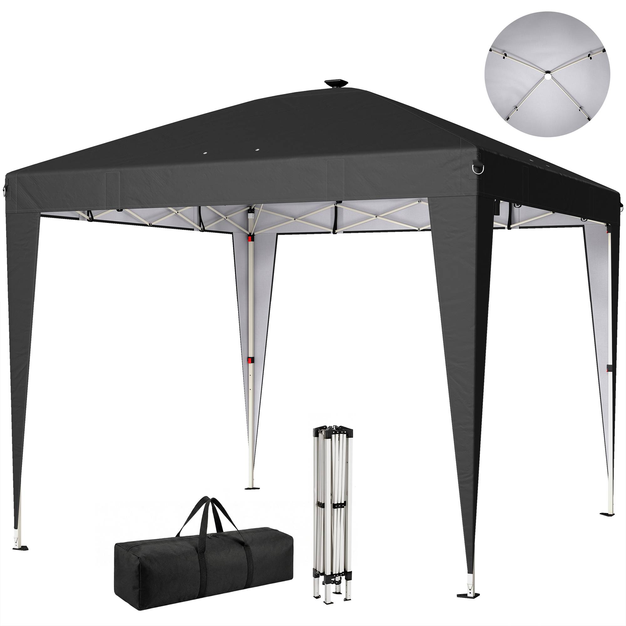 Tonnelle pliante 3x3 m avec hauteur réglable, éclairage central et télécommande, en métal et polyester, noire