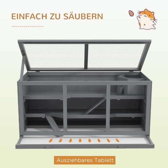 Cage Hamster Bois 3 Niveaux Habitat Spacieux Toit Relevable 115cm Gris - ComfortXL Pet Living - Image 5