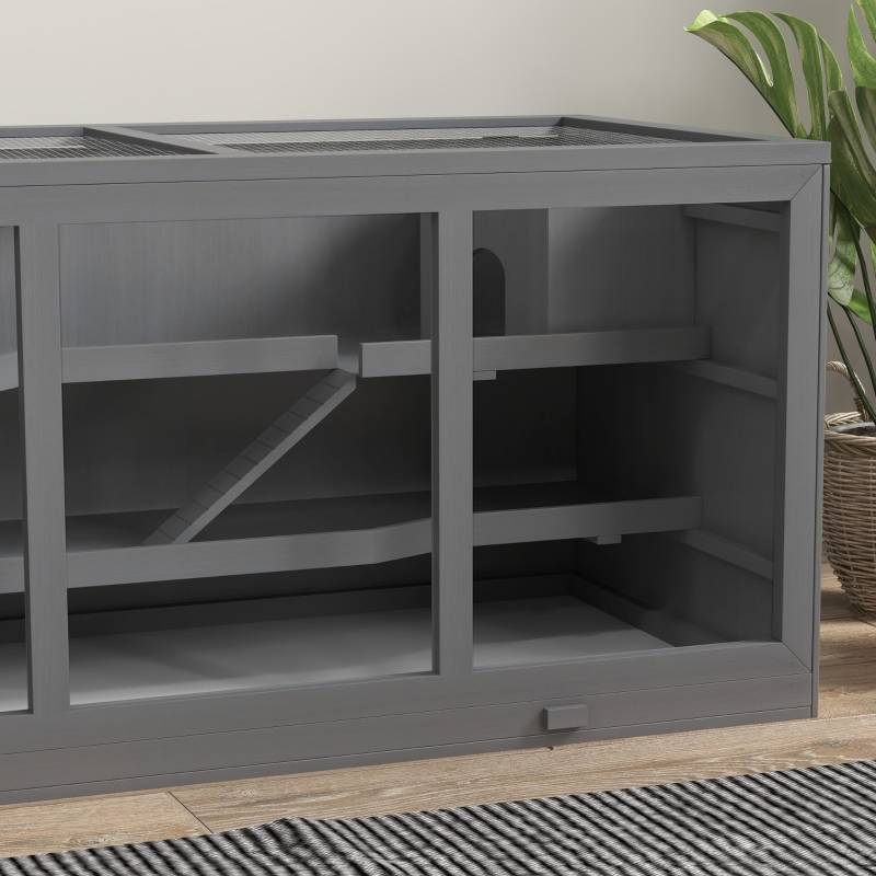 Cage Hamster Bois 3 Niveaux Habitat Spacieux Toit Relevable 115cm Gris - ComfortXL Pet Living - Image 1