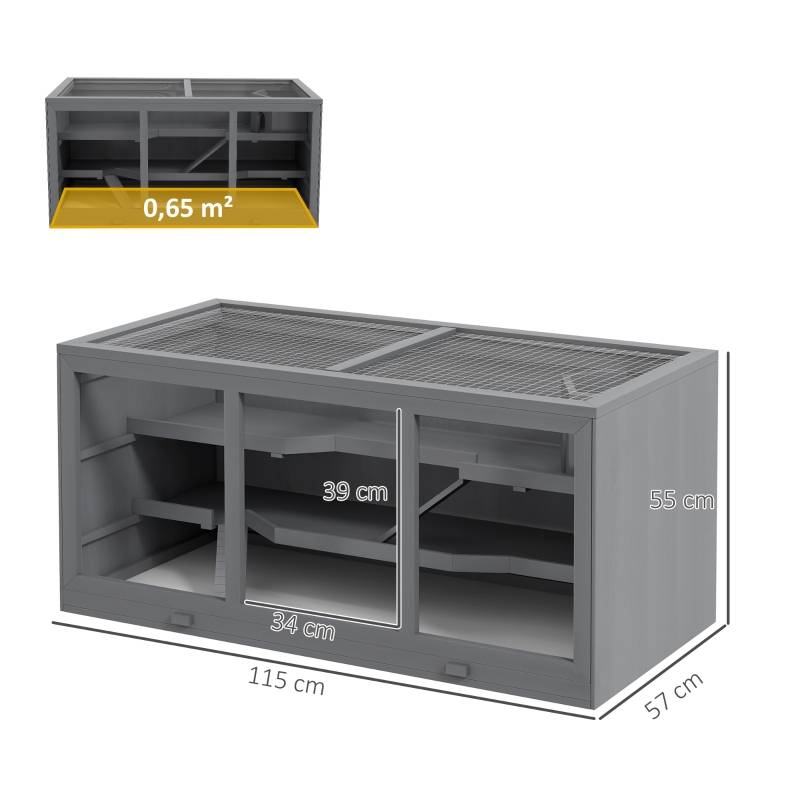 Cage Hamster Bois 3 Niveaux Habitat Spacieux Toit Relevable 115cm Gris - ComfortXL Pet Living - Image 3