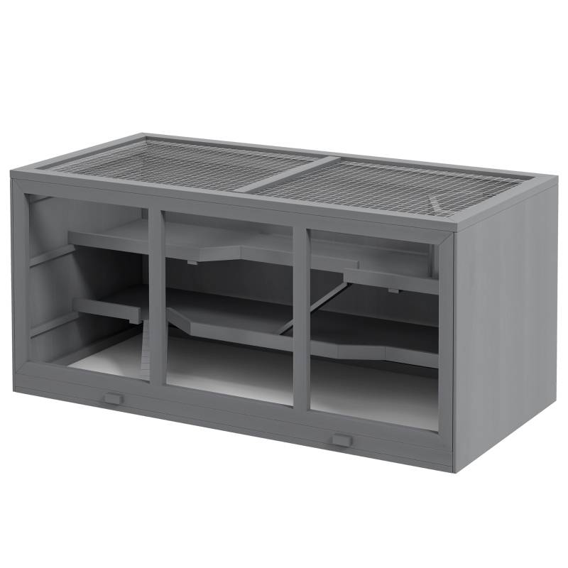 Cage Hamster Bois 3 Niveaux Habitat Spacieux Toit Relevable 115cm Gris - ComfortXL Pet Living - Image 2