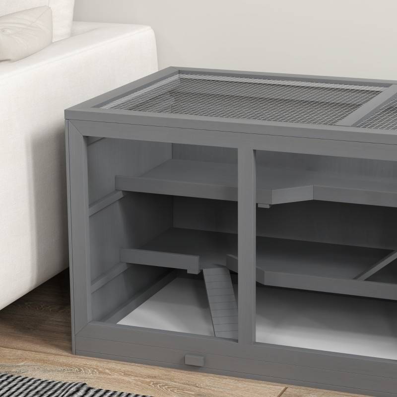 Cage Hamster Bois 3 Niveaux Habitat Spacieux Toit Relevable 115cm Gris - ComfortXL Pet Living - Image 6