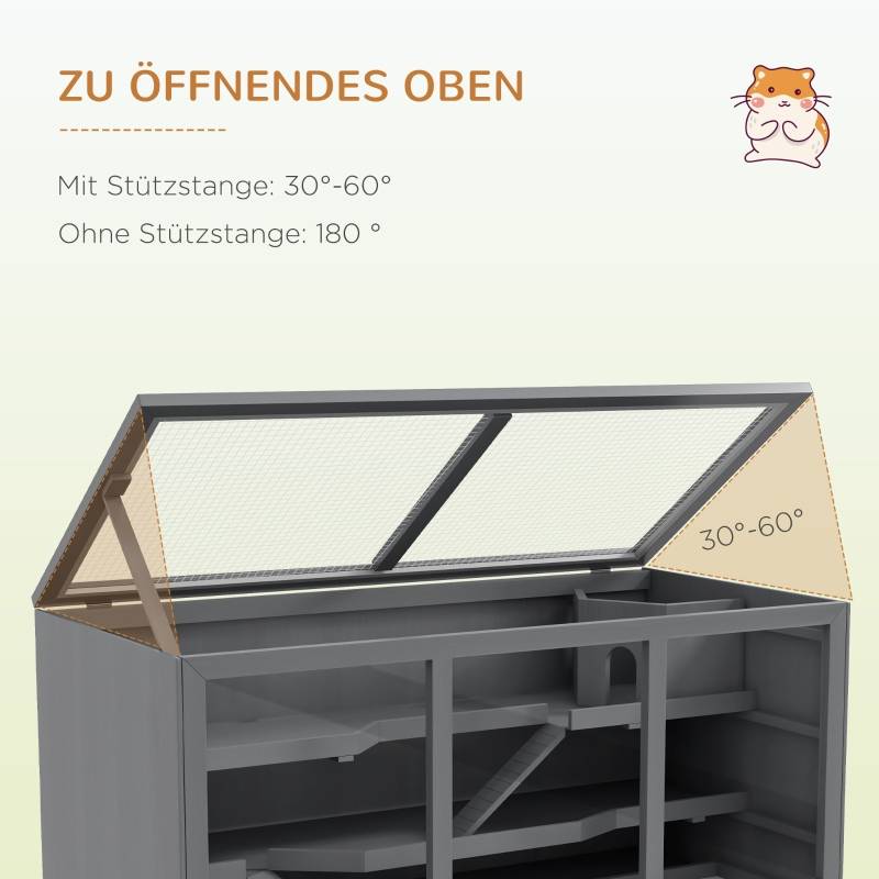 Cage Hamster Bois 3 Niveaux Habitat Spacieux Toit Relevable 115cm Gris - ComfortXL Pet Living - Image 4