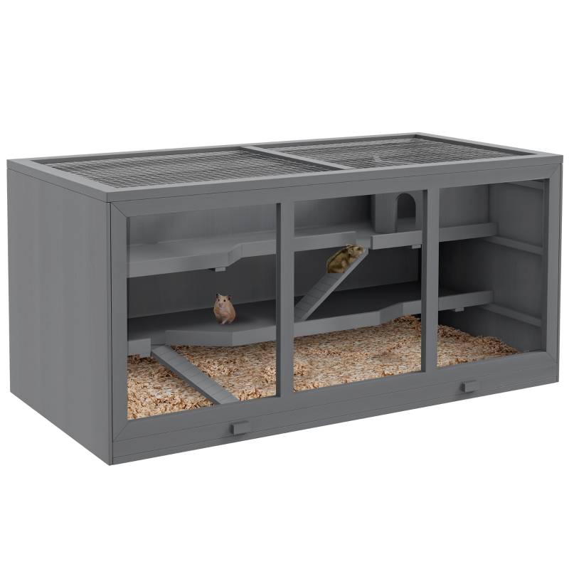 Cage Hamster Bois 3 Niveaux Habitat Spacieux Toit Relevable 115cm Gris - ComfortXL Pet Living - Image 7