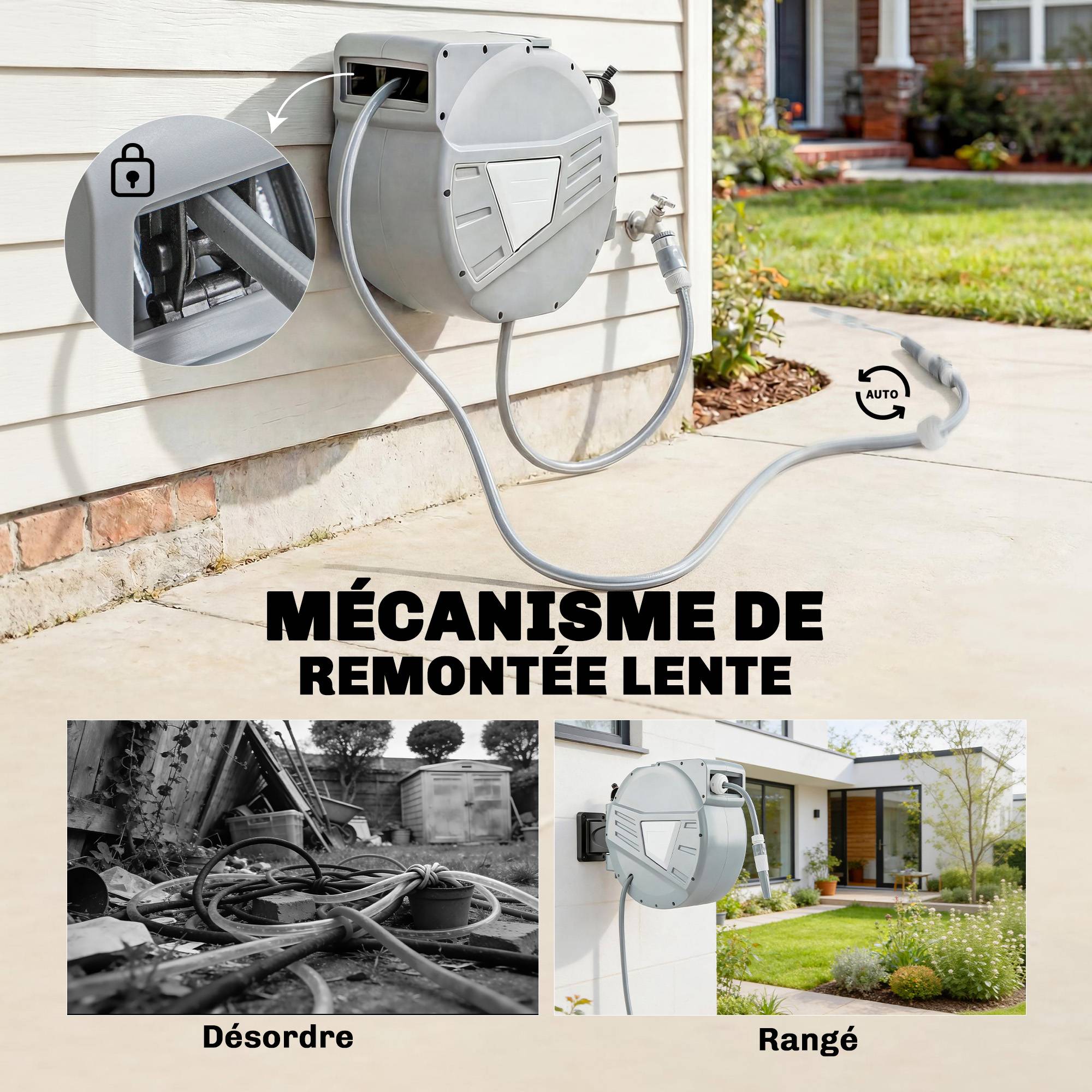 Outsunny - Enrouleur Tuyau Arrosage Mural 30+2 m x Ø 15mm - Rétractable Automatique Pivotant à 180° - Plastique - Gris - Outsunny - Image 8