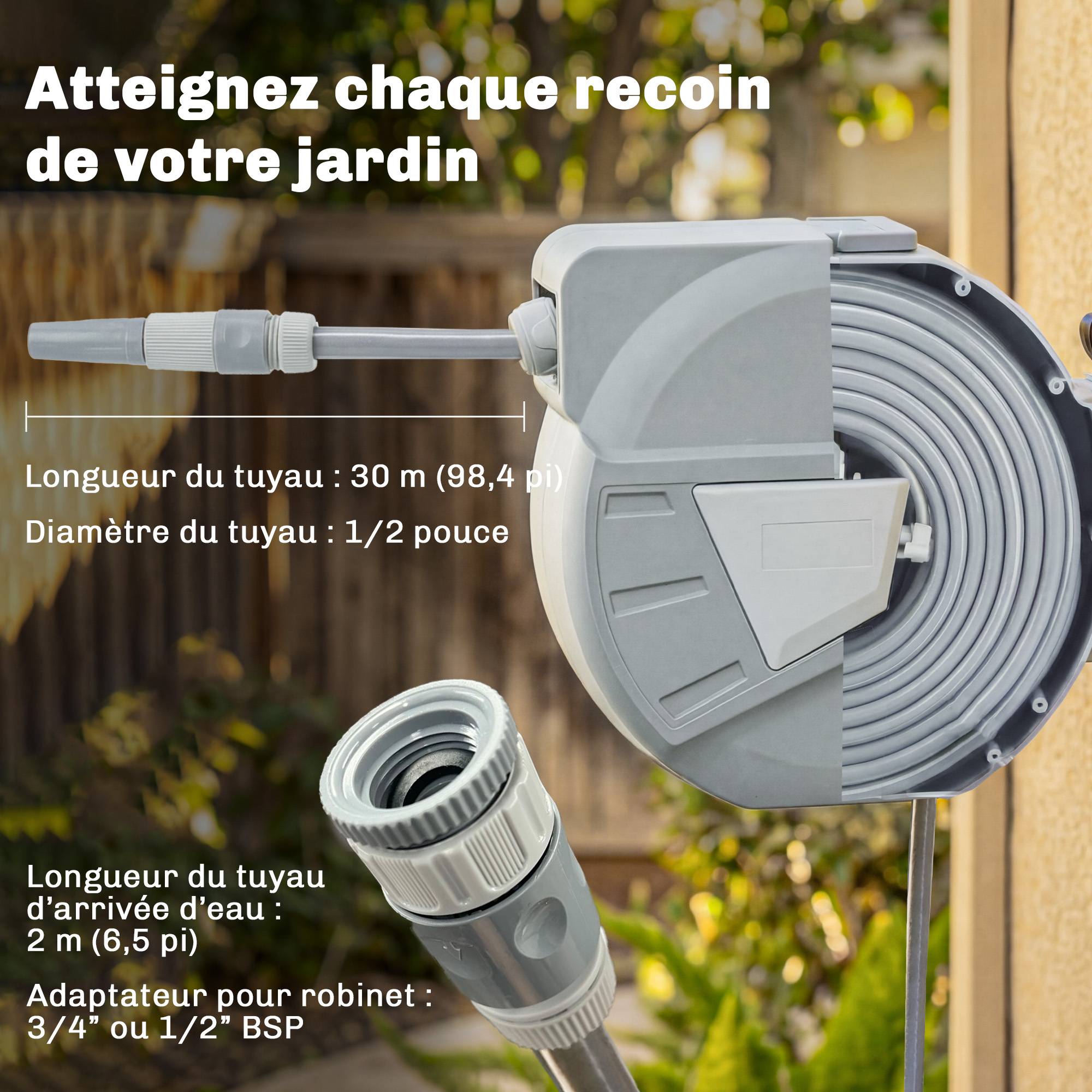 Outsunny - Enrouleur Tuyau Arrosage Mural 30+2 m x Ø 15mm - Rétractable Automatique Pivotant à 180° - Plastique - Gris - Outsunny - Image 7