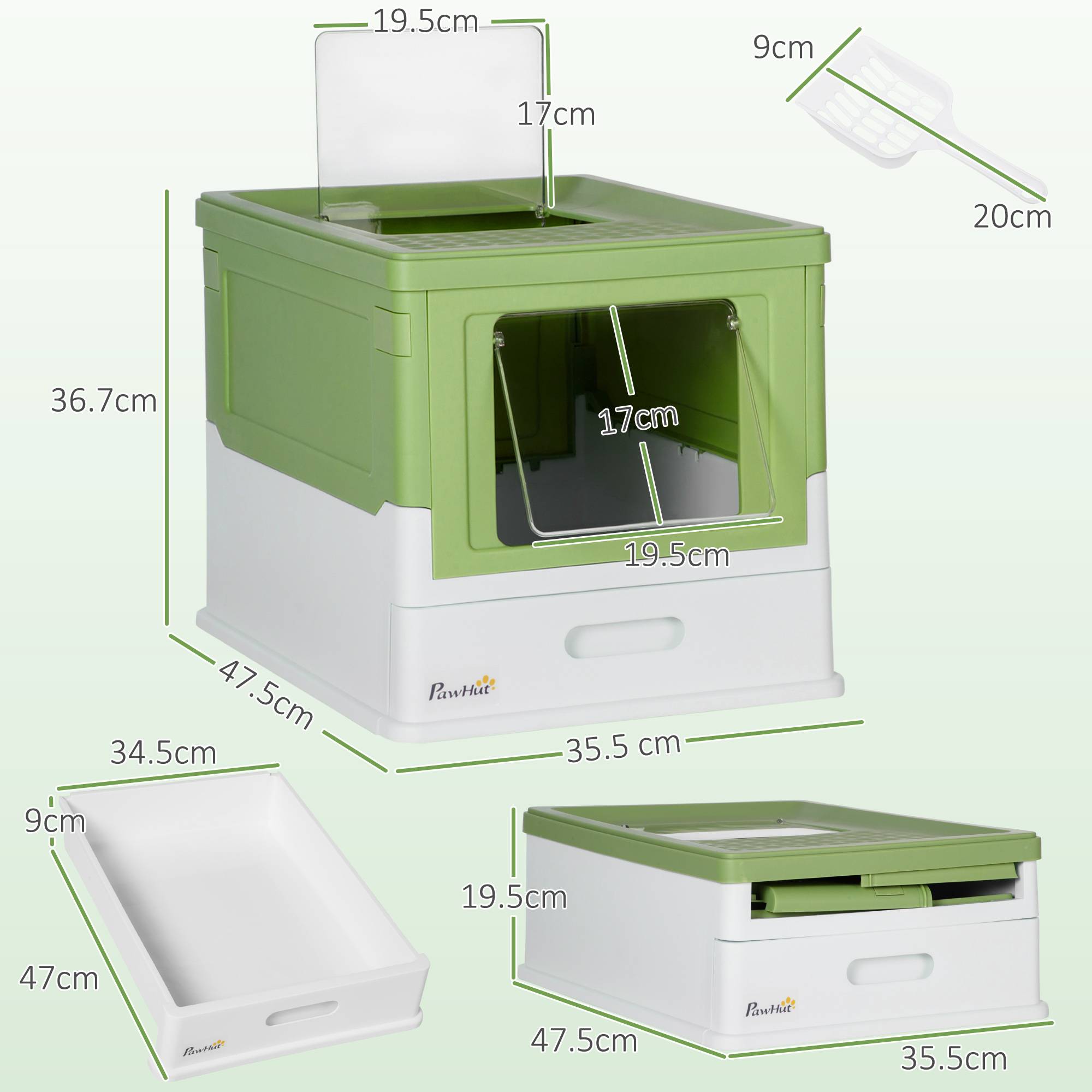 Bac à litière fermé plateau amovible 2 portes pelle chat intérieur vert clair 47,5 x 35,5 x 36,7 cm - Image 5