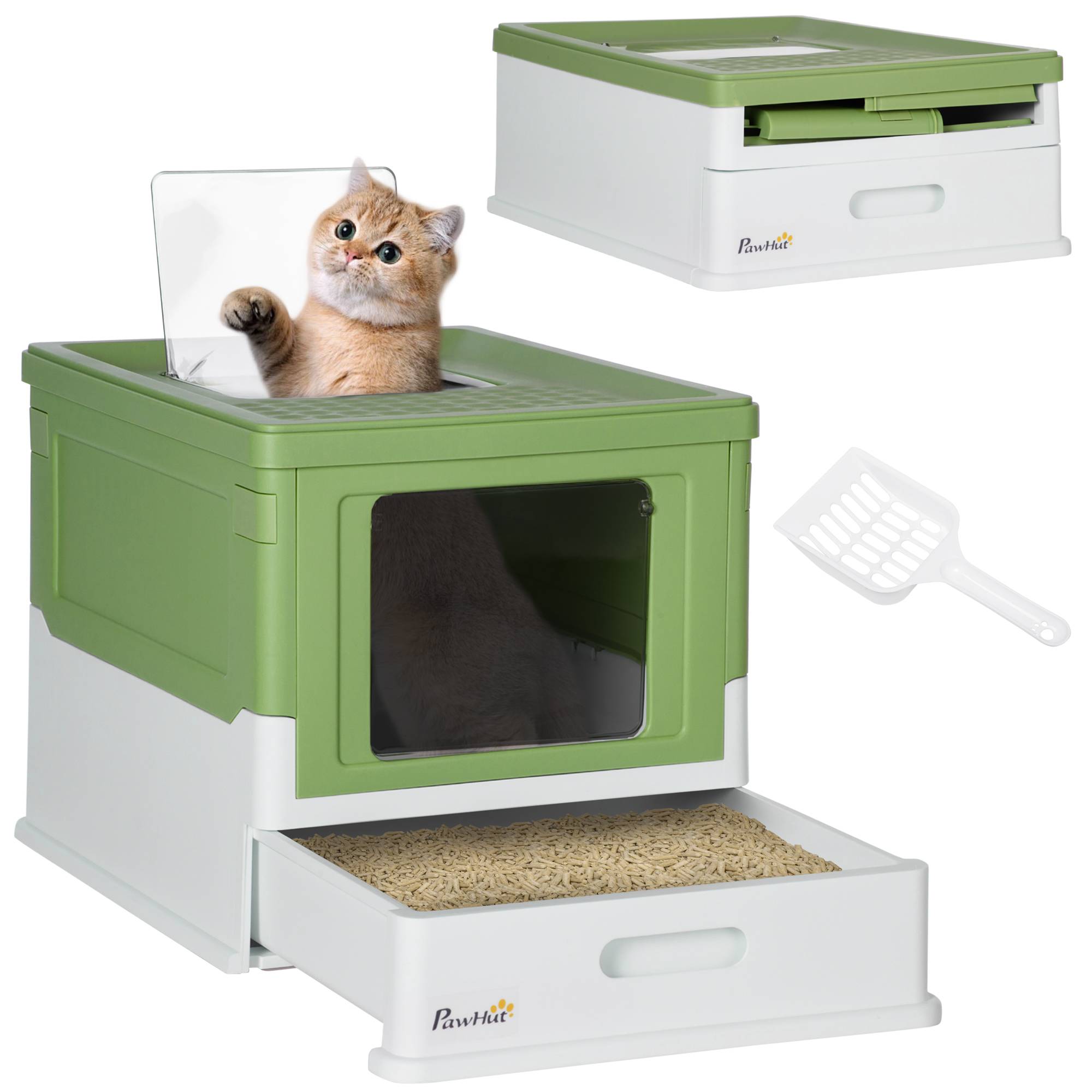 Bac à litière fermé plateau amovible 2 portes pelle chat intérieur vert clair 47,5 x 35,5 x 36,7 cm - Image 1