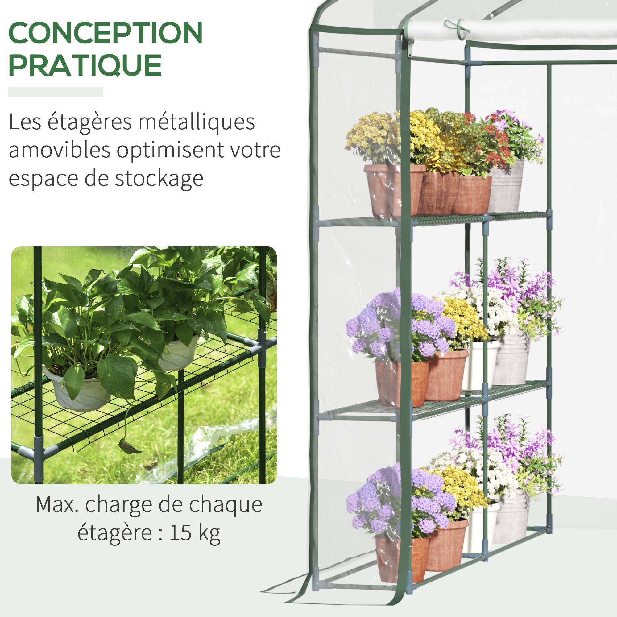 Serre de jardin 3 niveaux 143x143x195 cm avec étagères, châssis acier, bâche renforcée, porte zippée pour plantes et légumes - Image 9