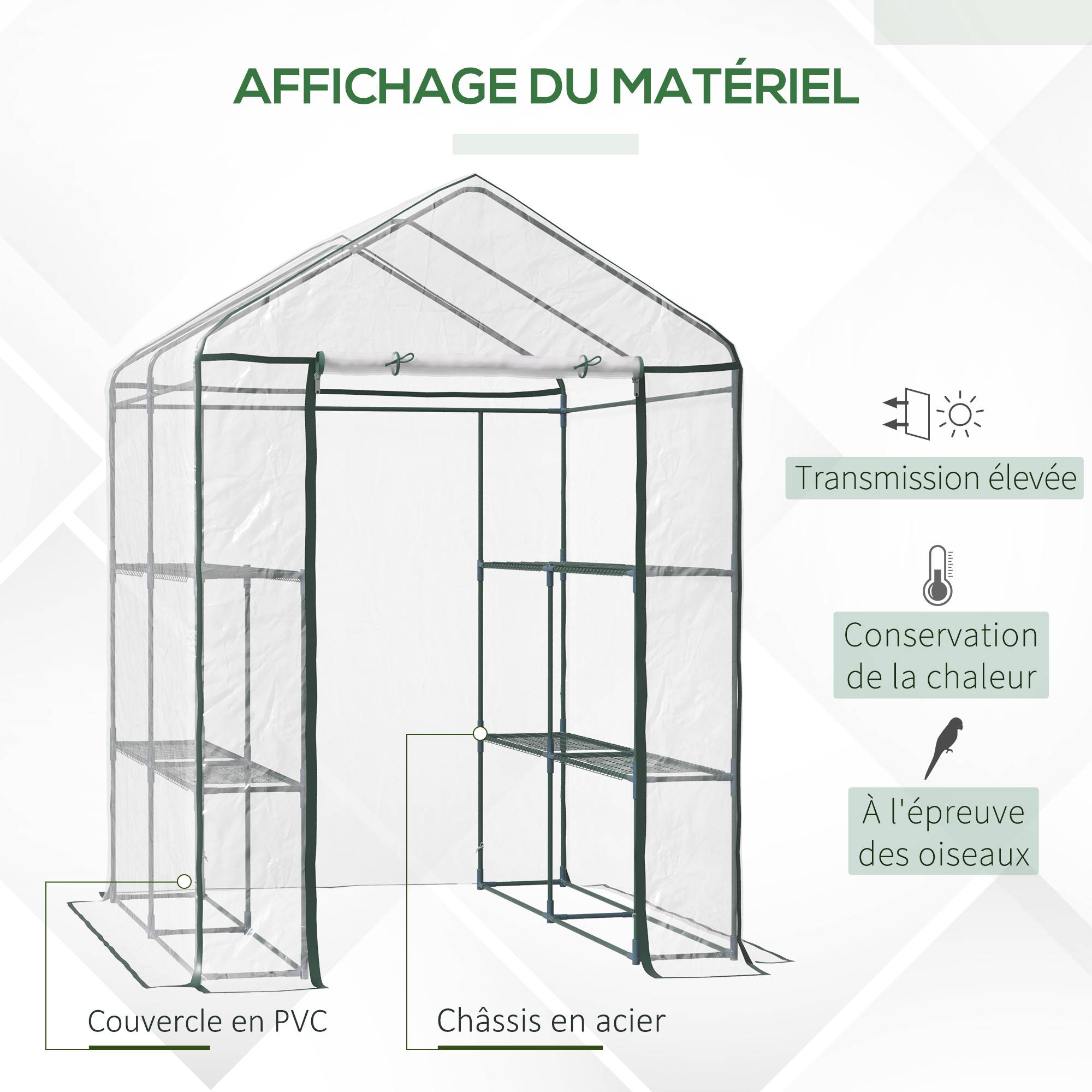 Serre de jardin 3 niveaux 143x143x195 cm avec étagères, châssis acier, bâche renforcée, porte zippée pour plantes et légumes - Image 6