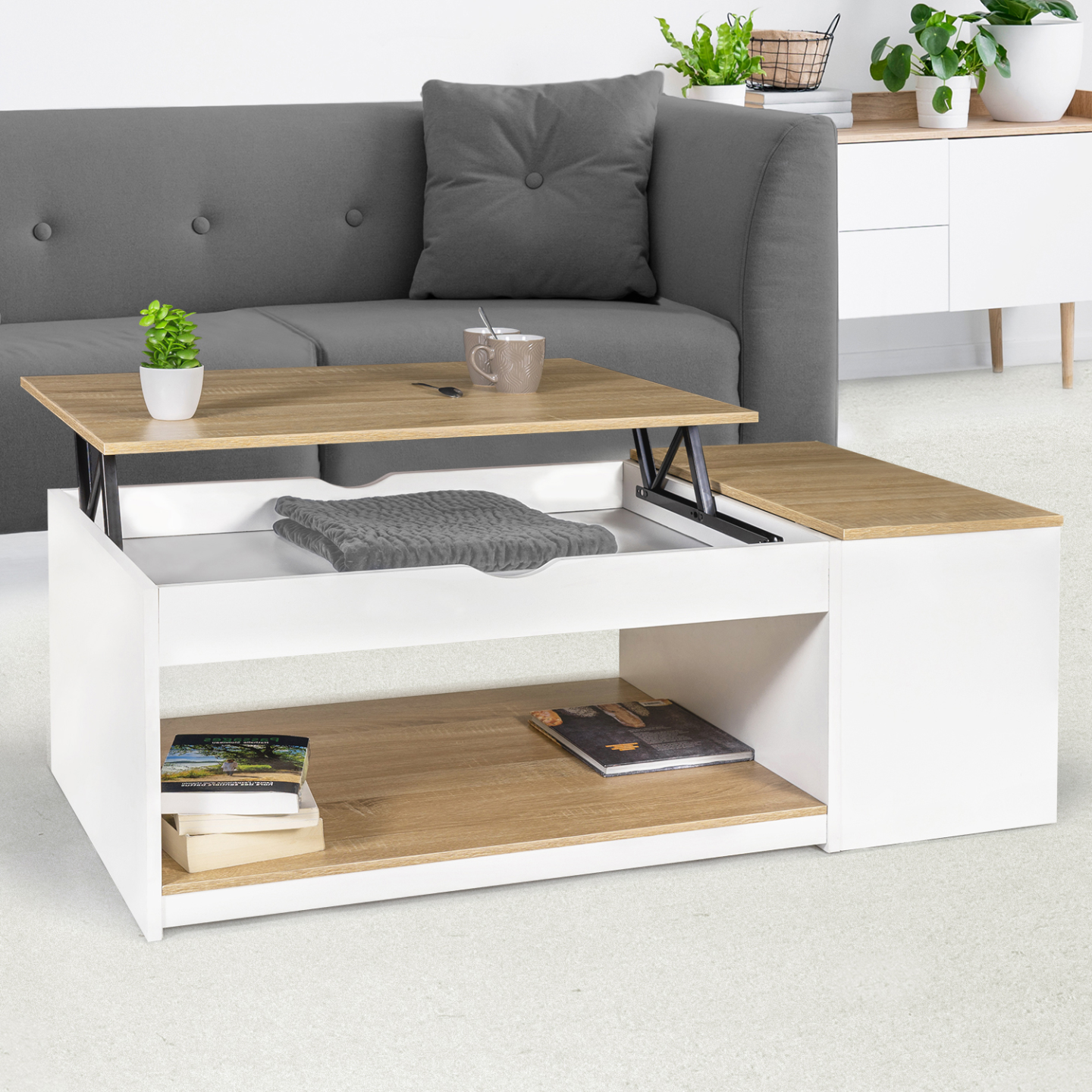 Table basse plateau relevable rectangulaire ELEA avec coffre bois blanc et façon hêtre - Image 1