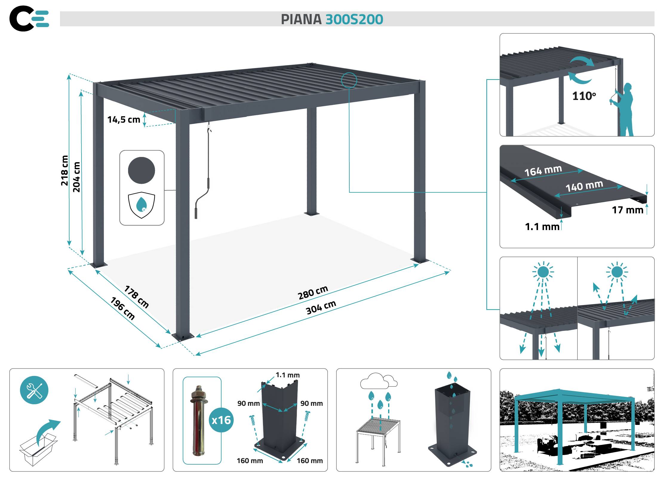 Pergola bioclimatique autoportée PIANA 3x2m aluminium gris - lames orientables - Image 2
