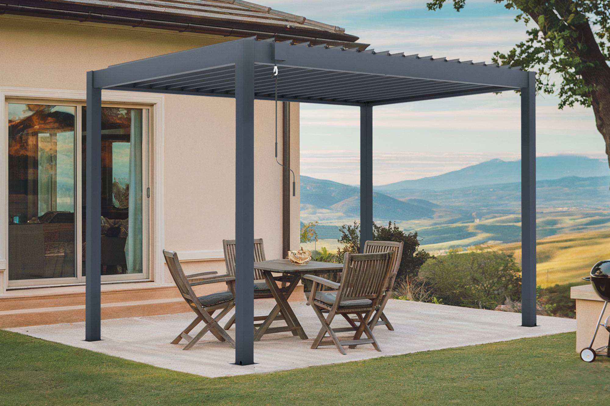 Pergola bioclimatique autoportée PIANA 3x2m aluminium gris - lames orientables - Image 1