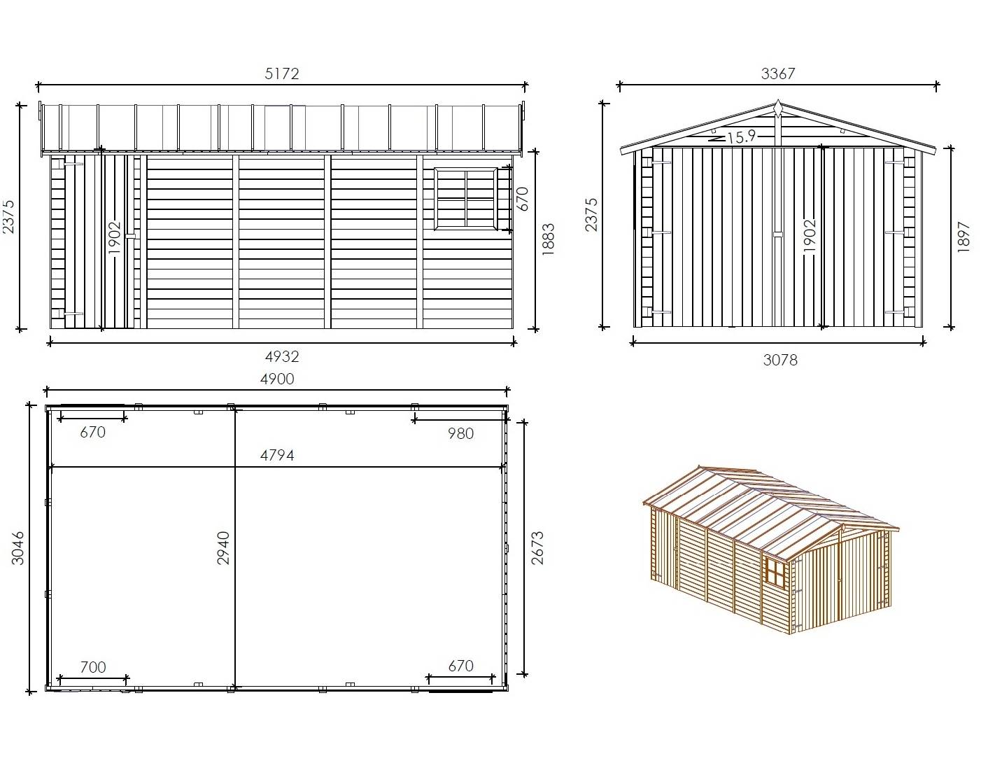 Altanka - Garage en bois - 14.94m2 - 3.05x4.93m - Ep. 18mm - couleur: naturel - GAR28 - ALTANKA - Image 2