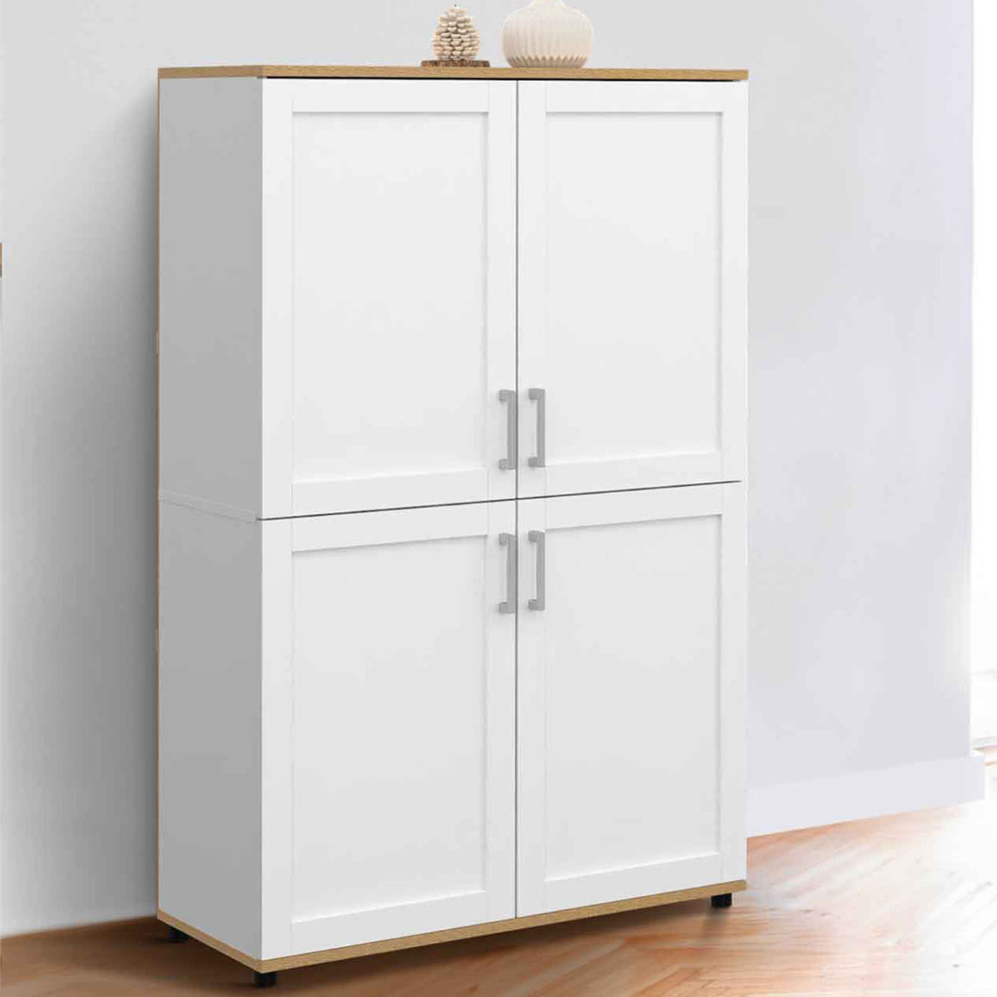 Buffet haut H. 125 cm VITO 4 portes blanc et bois - Image 1