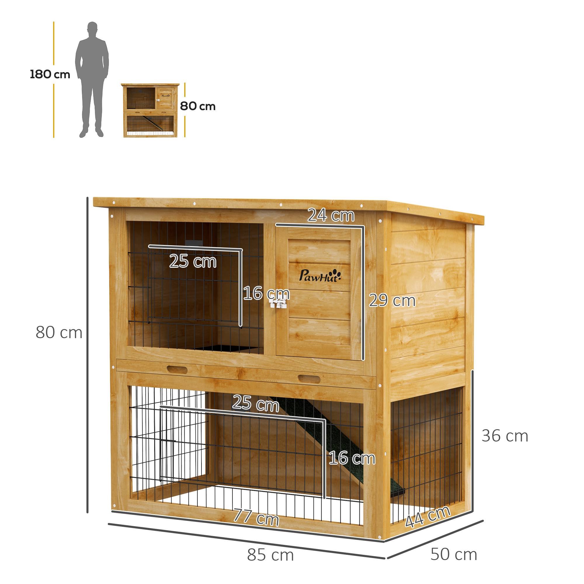 Clapier à lapin en bois 2 étages avec 3 portes plateau coulissant rampe toit bitumé 85 x 50 x 80 cm jaune - Image 5