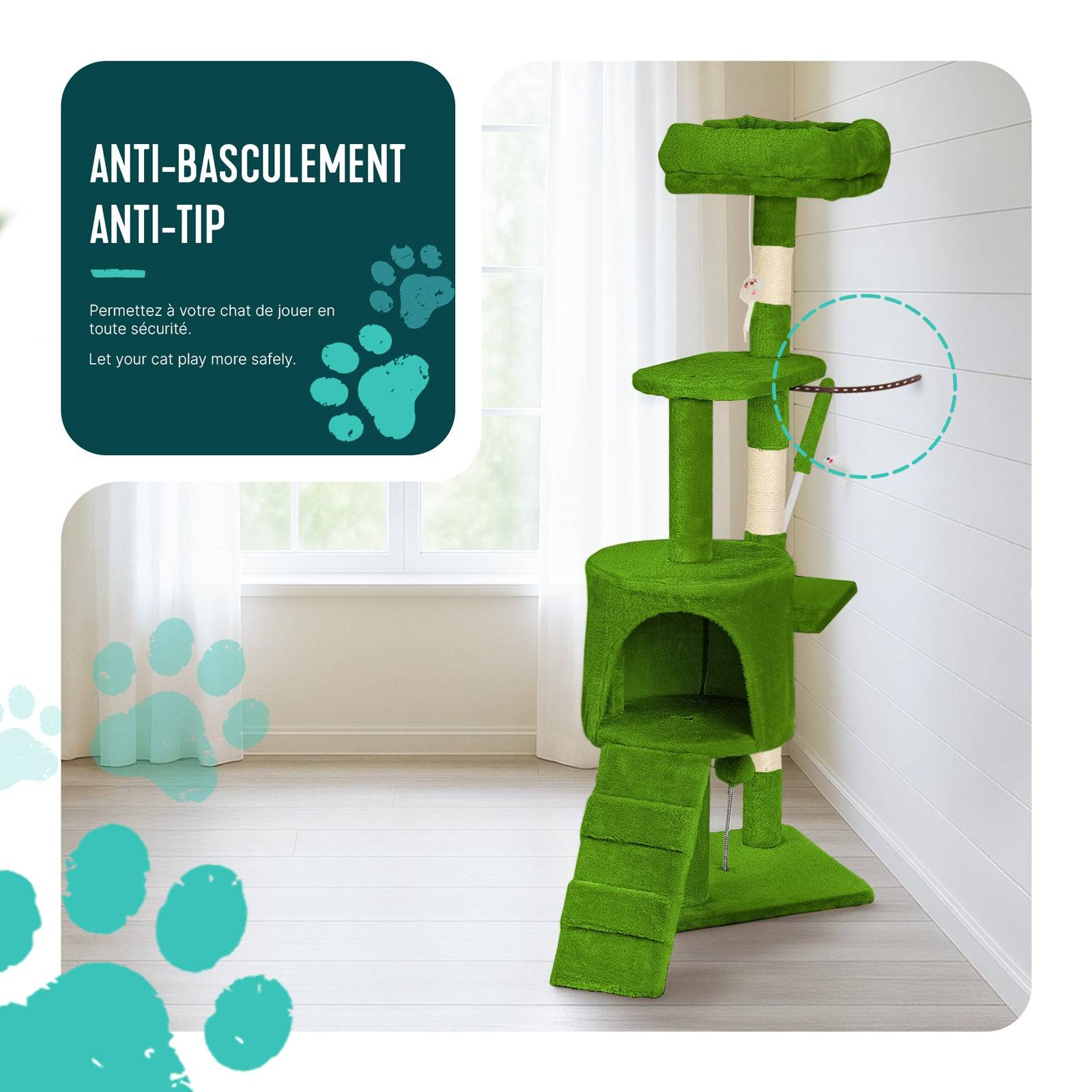 Vounot - Arbre à chat 112cm multi niveaux vert - avec griffoir, niche, jouet et plateforme - arbre à grimper - VOUNOT® - Image 4