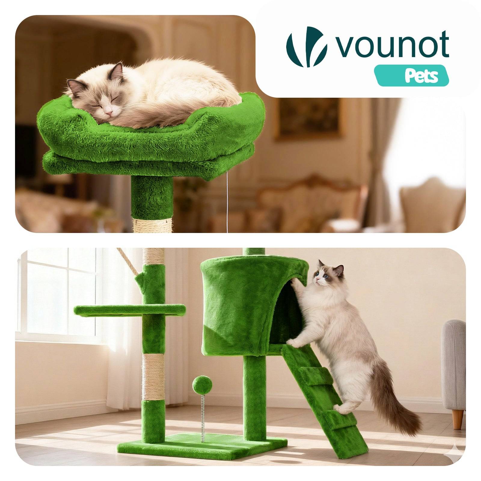 Vounot - Arbre à chat 112cm multi niveaux vert - avec griffoir, niche, jouet et plateforme - arbre à grimper - VOUNOT® - Image 6