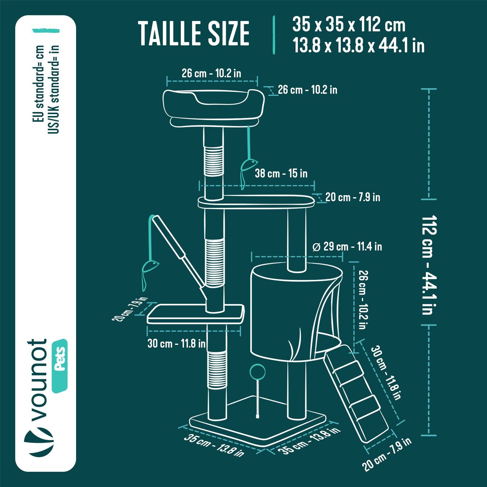 Vounot - Arbre à chat 112cm multi niveaux vert - avec griffoir, niche, jouet et plateforme - arbre à grimper - VOUNOT® - Image 3