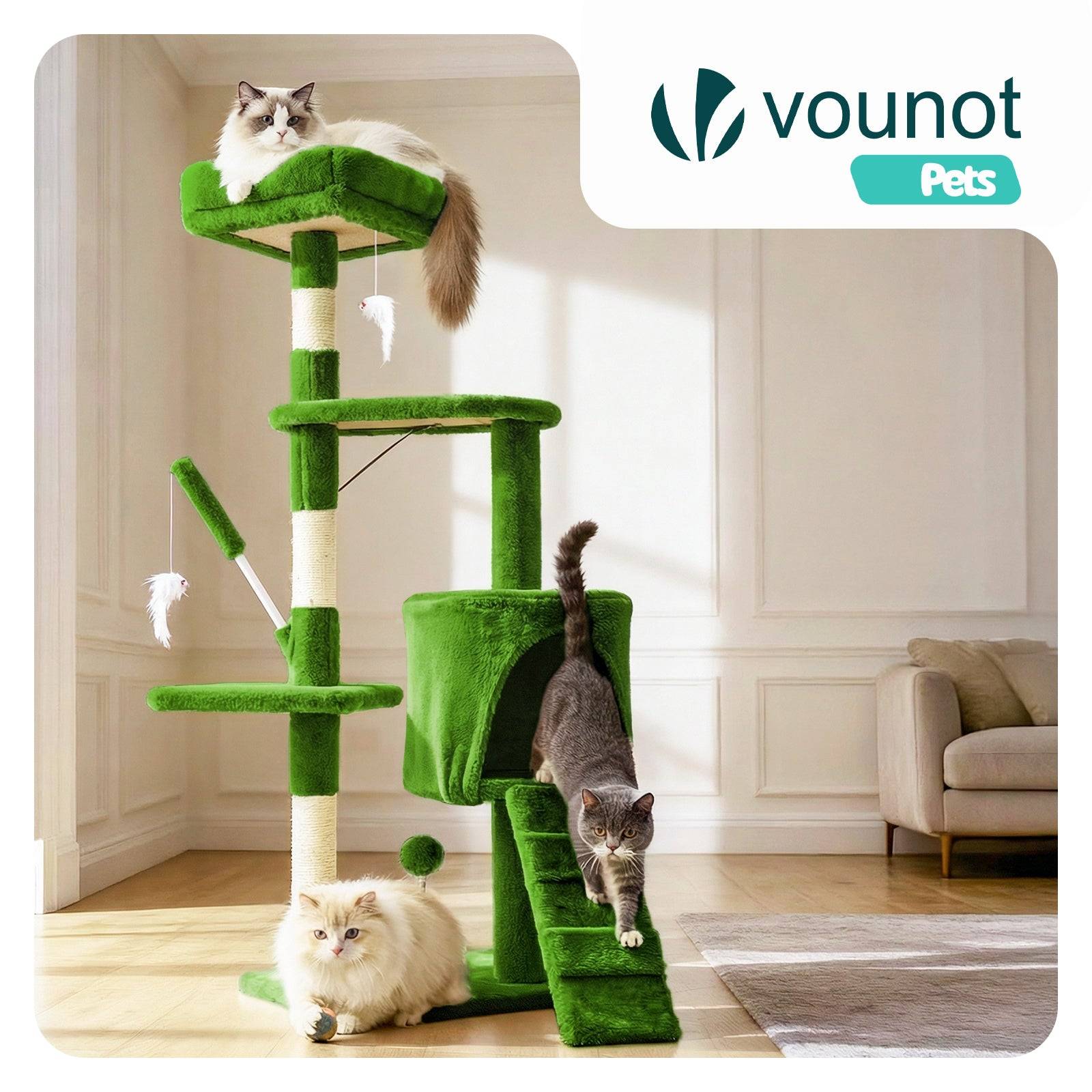 Vounot - Arbre à chat 112cm multi niveaux vert - avec griffoir, niche, jouet et plateforme - arbre à grimper - VOUNOT® - Image 2